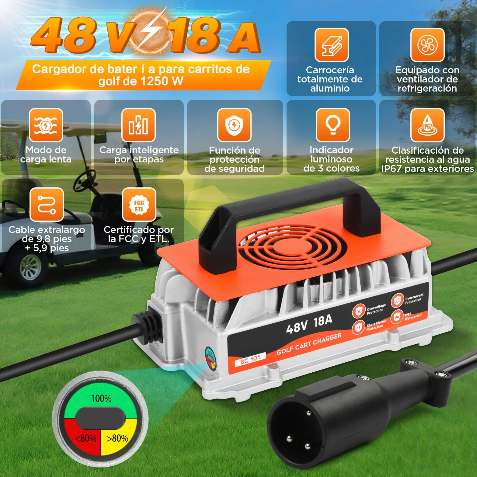 Cargador Inteligente 48V 18A para Carritos de Golf Club Car, Batería Plomo-ácido IP67