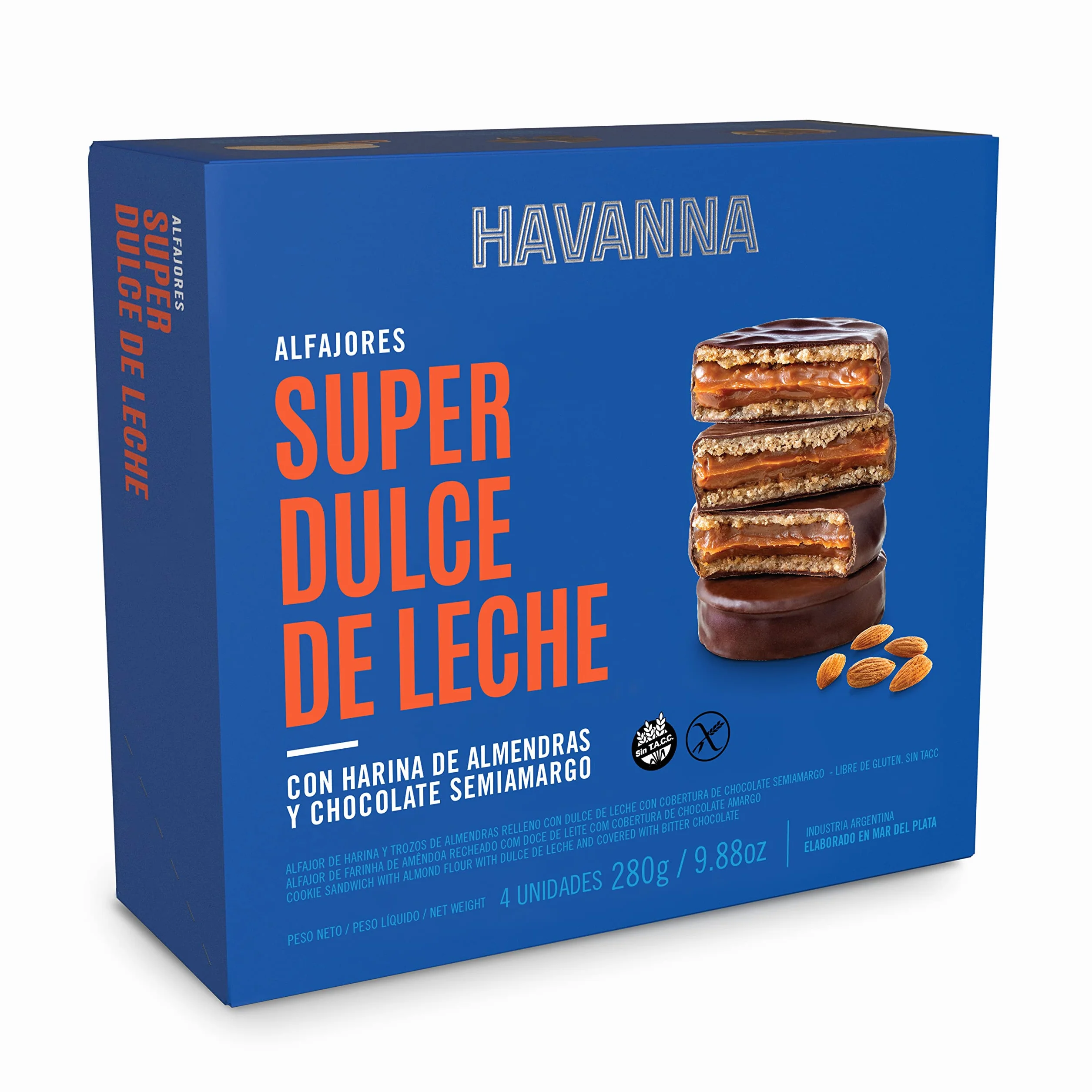 Havanna Alfajores Argentinos | Chocolate Semiamargo con Harina de Almendra | Galletas sin Gluten Rellenas de Dulce de Leche | Alfajores Tradicionales Gourmet | Caja 4 Unidades | 280g