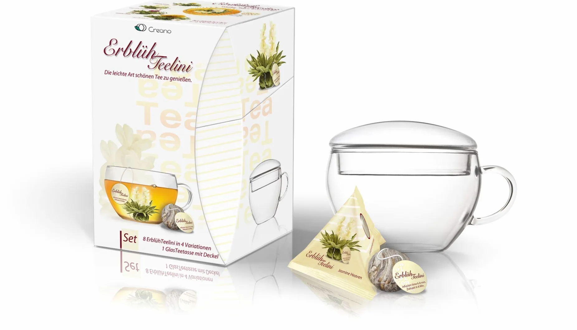 Creano Teelini Flores de Té Blanco 8 uds con Taza de Vidrio 200ml y Tapa – Set de Regalo Completo – Ideal para Mamá y Oficina