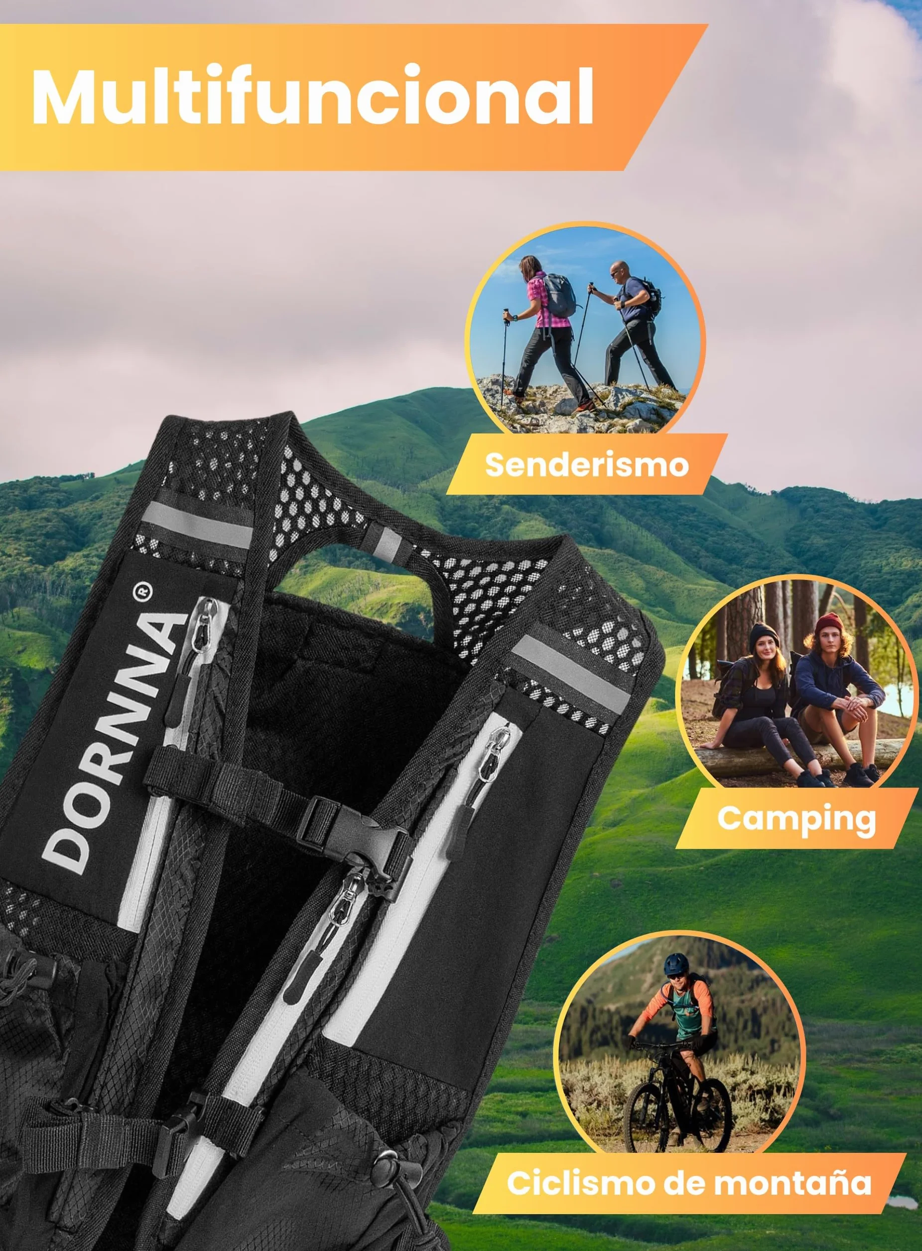 Ultra Terra V2 Chaleco Hidratación Trail Running Mochila Correr Hombre Mujer 2 Soft Flask 500ml Bolsillo Trasero 1.5L