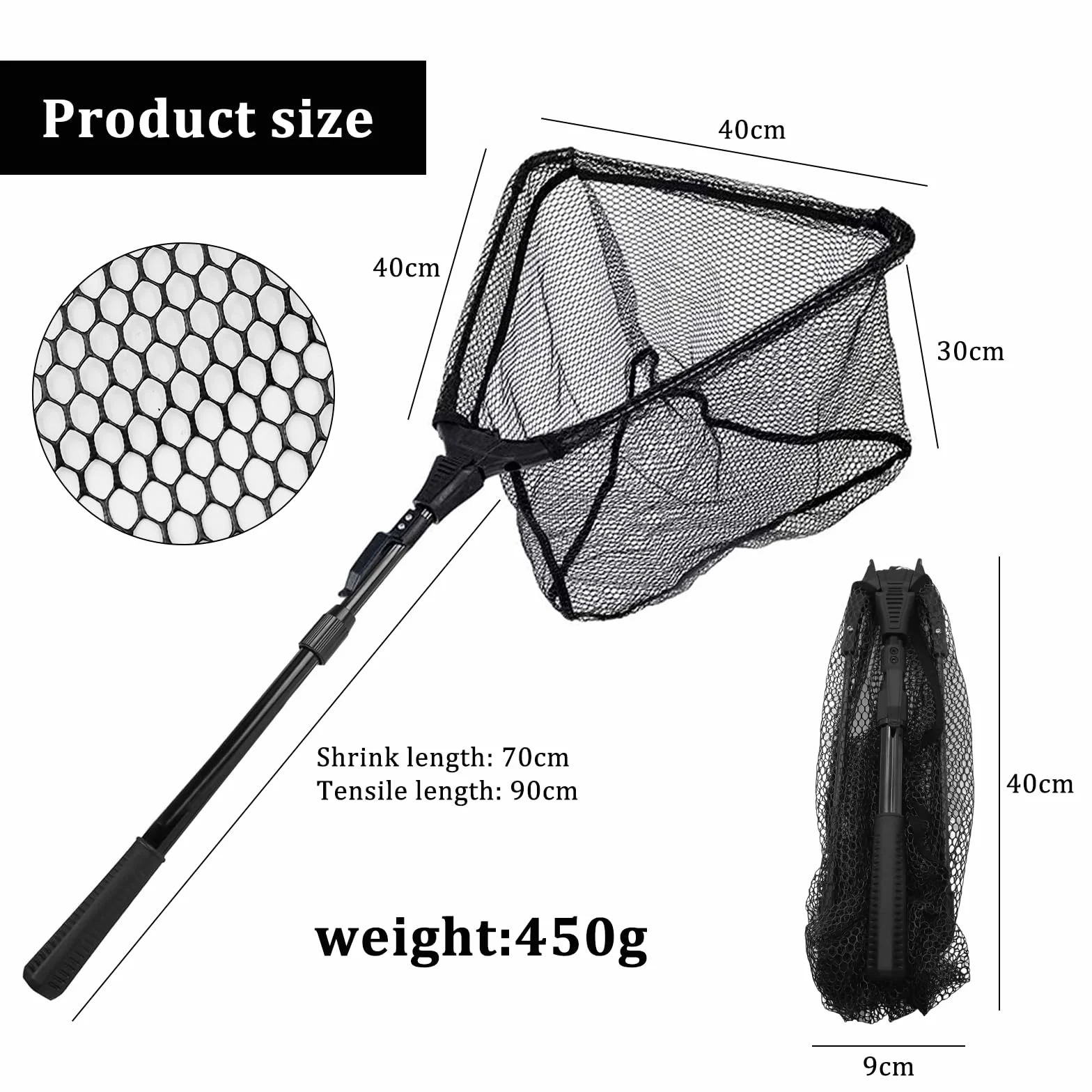 Réd De Pesca Telescópica, Red de Pésca Plegable Triangular, Sacaderas de Pesca con Mango Antideslizante Negro