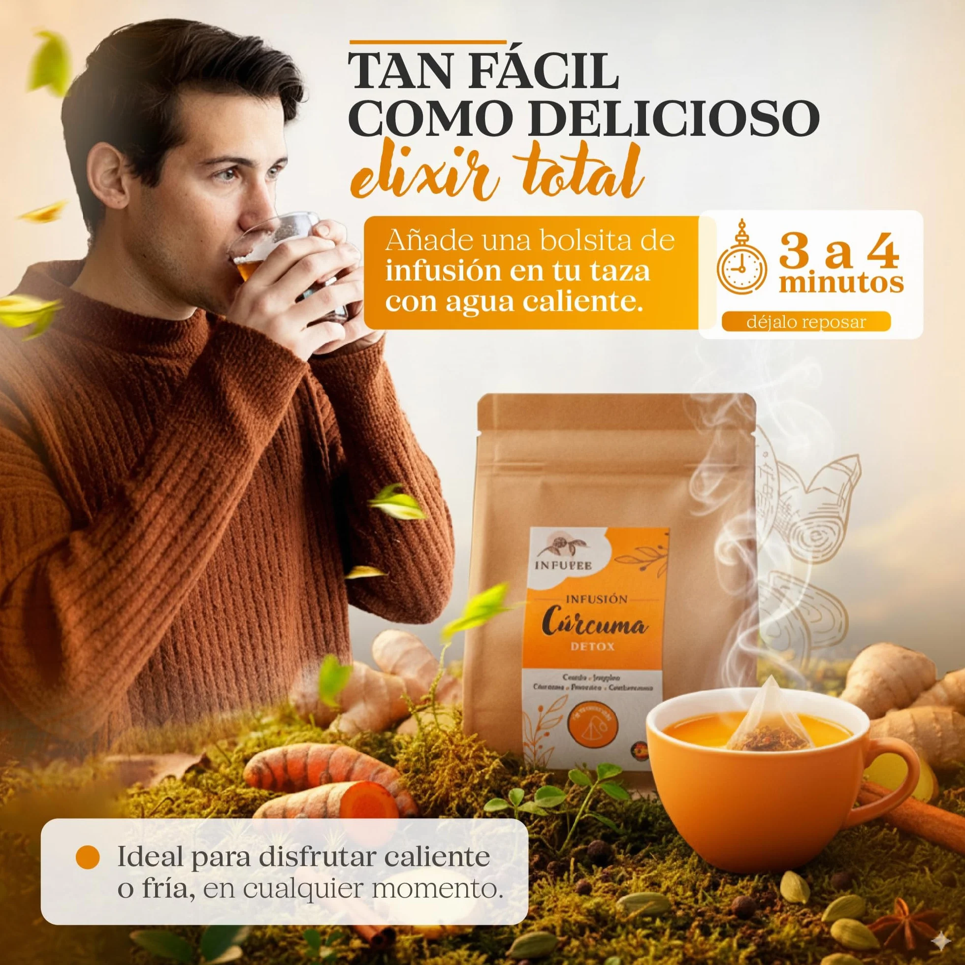 Infusión Detox de Cúrcuma y Jengibre - Té Antioxidante y Antiinflamatorio con Pimienta Negra, Canela y Cardamomo - Plan Adelgazante Natural 15 Dias- Infusión Sin Teína para Dieta Depurativa