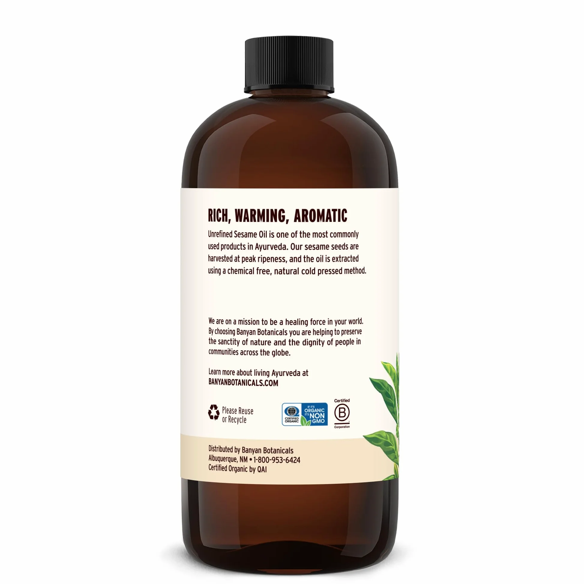 Sesame Oil, Certified Organic, 16 oz - Pure, Unrefined - The Most Traditional of All Oils Used in Ayurveda, Good for Vata & Kapha