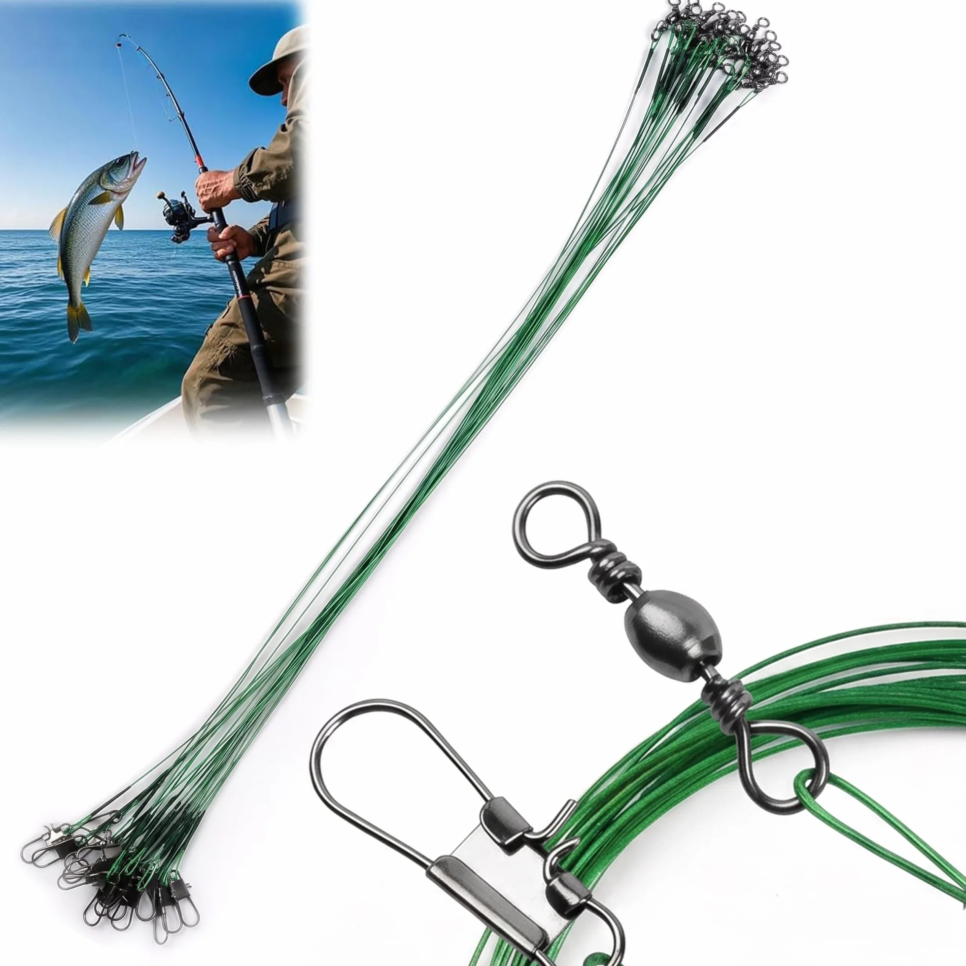 KIMHOME Ganchos de pesca verdes 20 cm líder 22,7 kg paquete 20 alambres acero al carbono resistente corrosión afilados lucio
