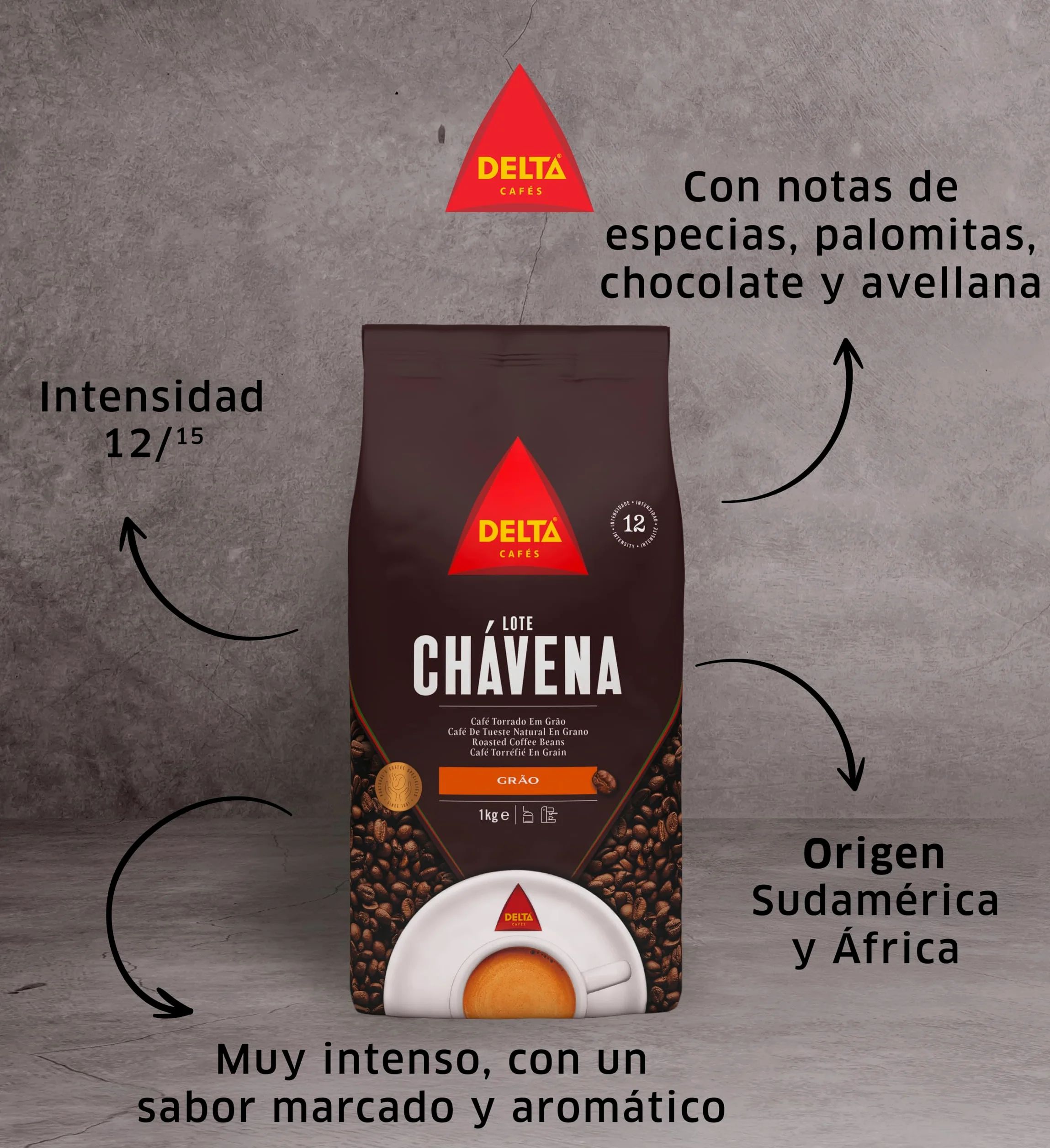 Delta Cafés - Café en Grano Chávena - Pack 2 x 1 Kg - Intensidad 12 - Mezcla de Granos Arábica y Robusta - Sabor Intenso y Aromático con Notas de Especias, Palomitas, Chocolate y Avellanas