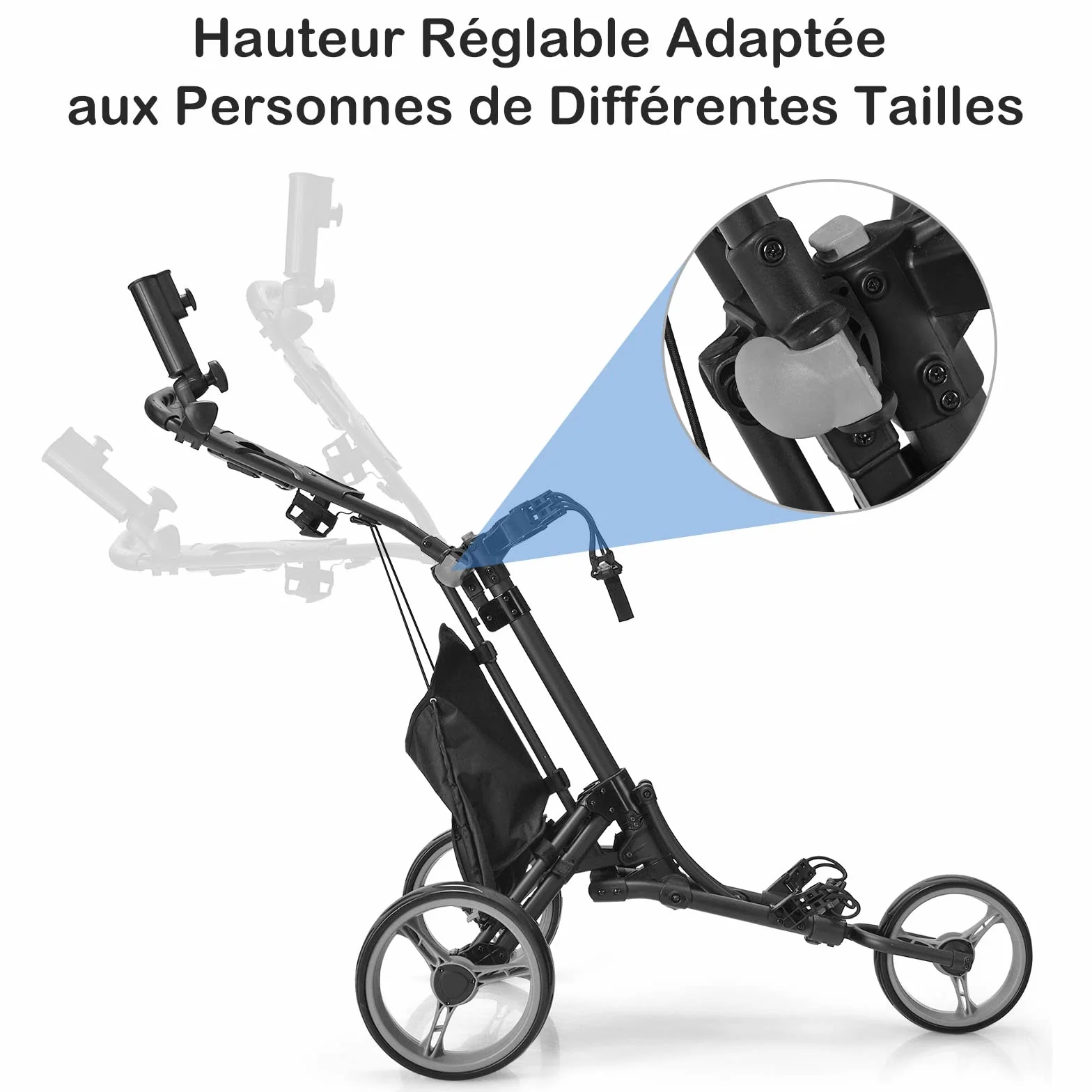 GOPLUS Carrito de Golf Plegable 3 Ruedas, Altura Ajustable, Aluminio, Portaparaguas, Bolsa Impermeable, Freno Pie, 121x70x116 cm