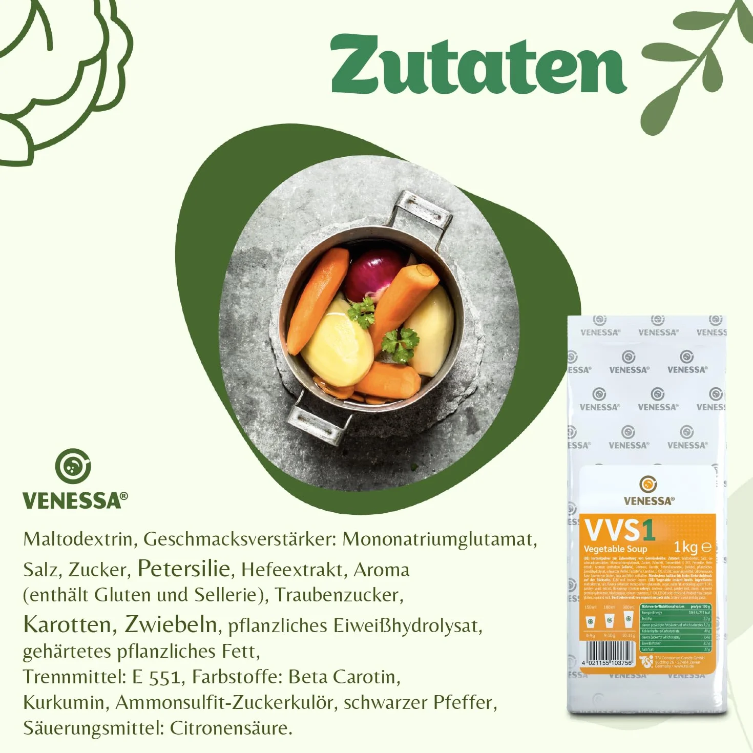 Venessa VVS1 Sopa de verduras 10 x 1 kg - Fresco y fino - Sabor vegetal natural - Soluble, sin grumos - Adecuado para todas las máquinas de café Vending, oficinas, autoridades