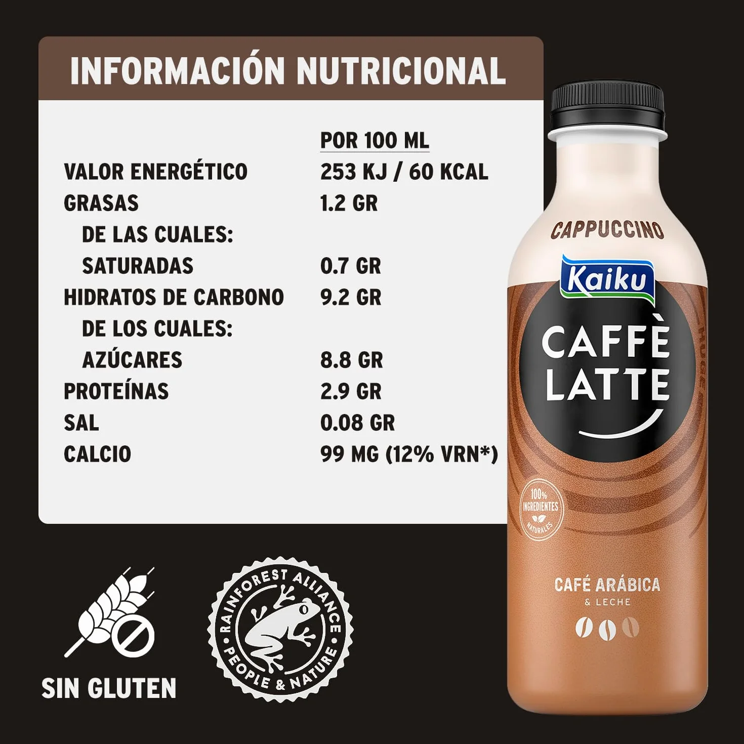 KAIKU CAFFÈ LATTE - Cappuccino Mr Huge Pack 8 x 650 ml, Café Frío con Leche y Cacao, Café Listo para Tomar, Formato Grande, Elaborado con Café Arábica de Nicaragua y Honduras, sin Gluten y con Lactosa