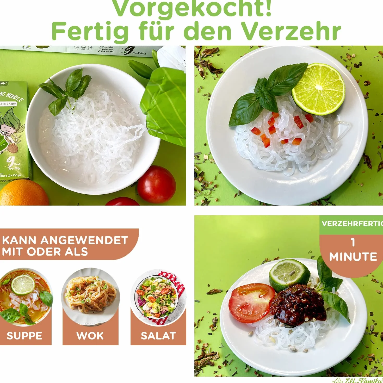 Elf-family Bio Pasta Konjac Keto Carbohidratos Ultrabajos/Vegano/Sin Gluten 270 g x 1 cajas(2 paquetes), Fideos Konjac Noodles Shirataki Noodles/Sin azúcar/Bajo en Calorías - Spaghetti