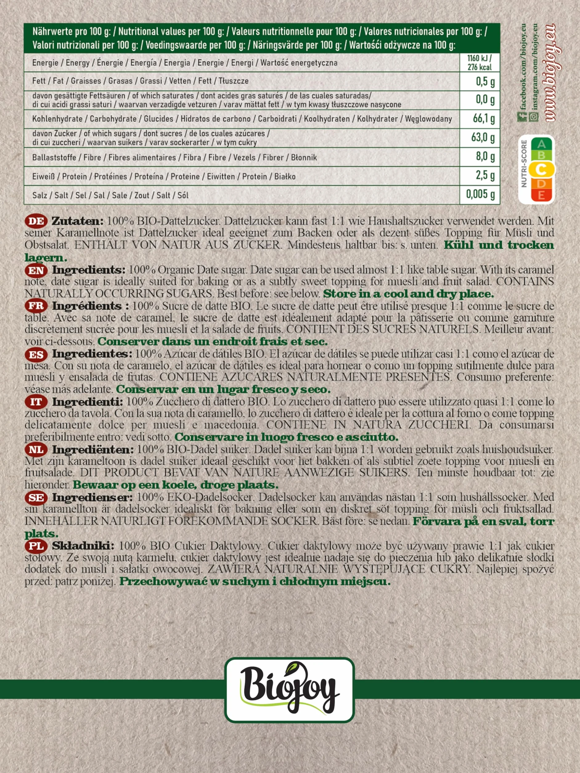 Biojoy Azúcar de Dátiles Ecologico (2 kg), sin refinar, natural y sin aditivos (Phoenix Dactylifera)