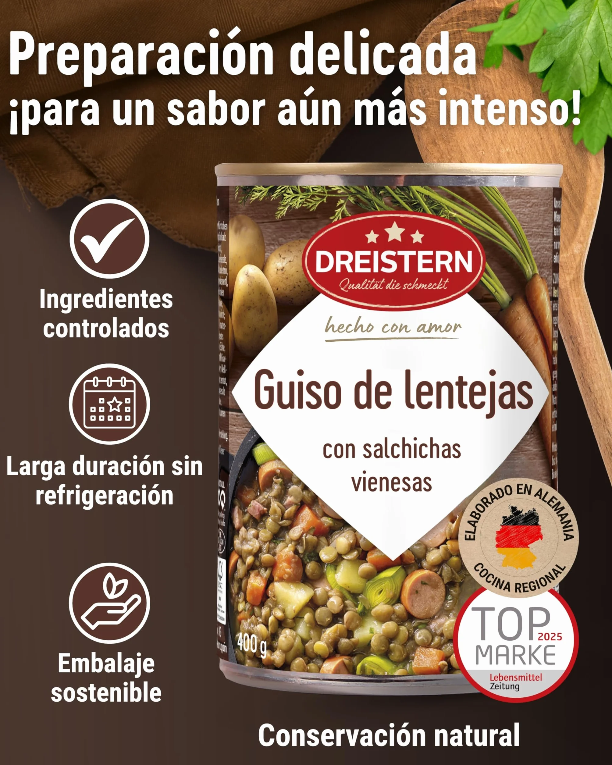 DREISTERN Guiso de lentejas 400 g I Con salchichas vienesas & verduras I Estofado sabroso en lata reciclable I Larga duración gracias a la conservación natural I Calidad casera