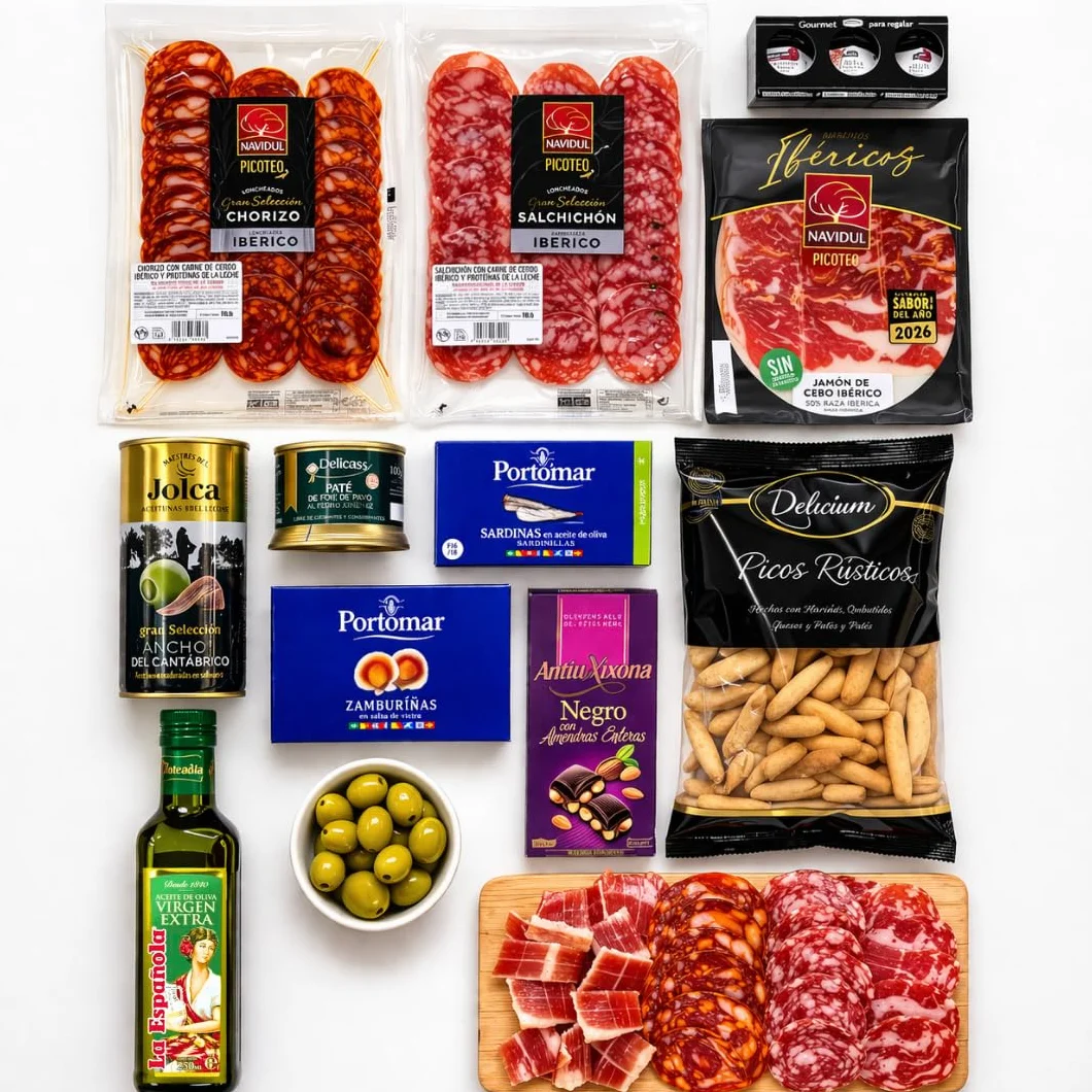 Cesta Gourmet para Regalar FAMILYCOM con Ibéricos, Aceite de Oliva, Chocolate, Jamón y Zamburiñas