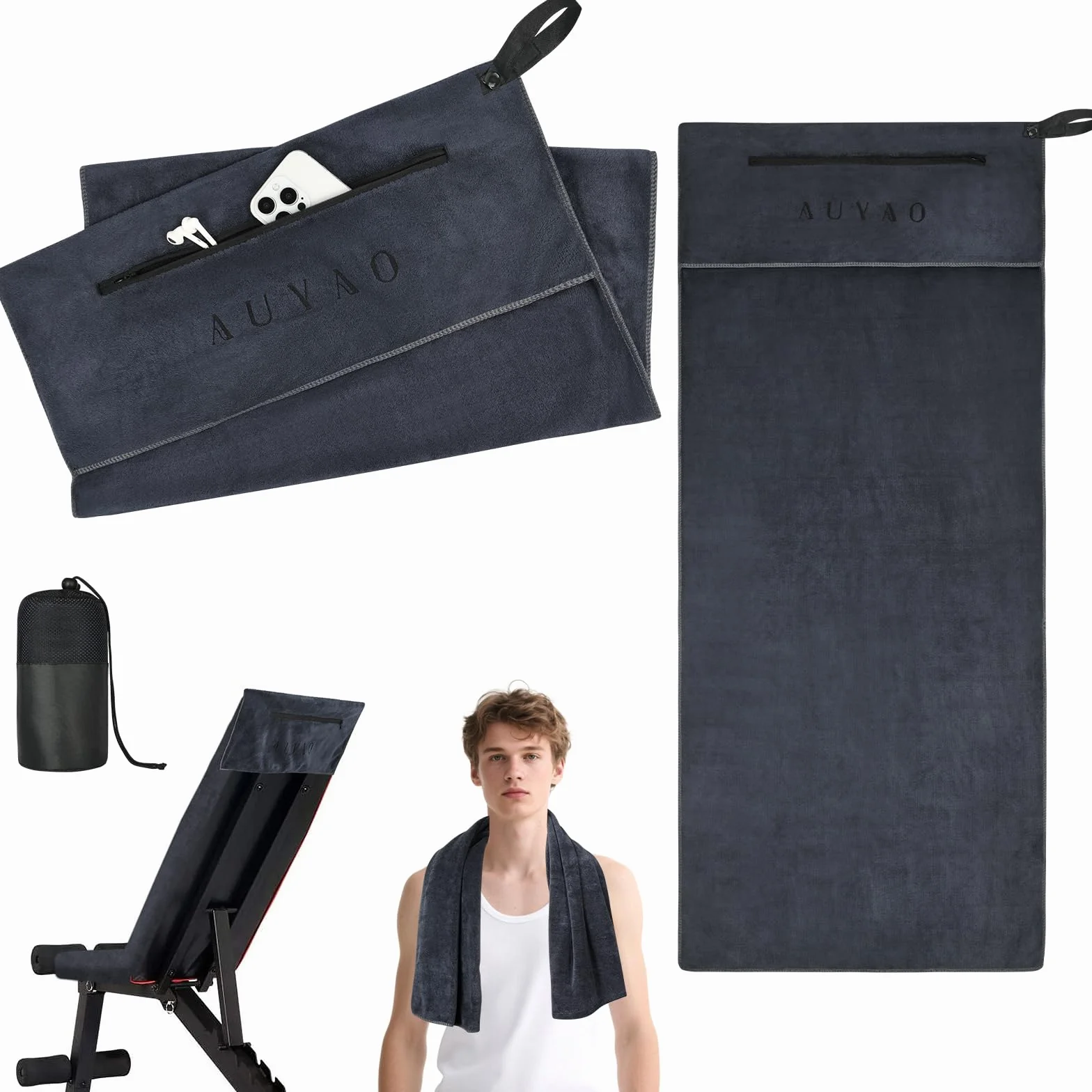 AUYAO Toalla Gimnasio 40cmx90cm Magnética Fitness Cremallera Secado Rápido Absorbente Gris