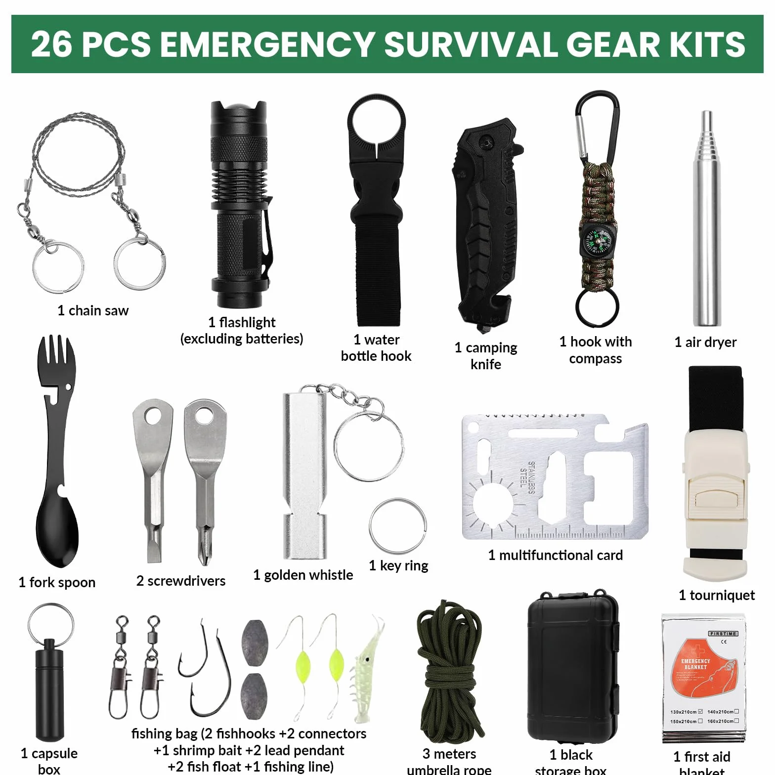 Kit de Supervivencia 25 en 1 Equipo Táctico Multifuncional para Senderismo Montañismo