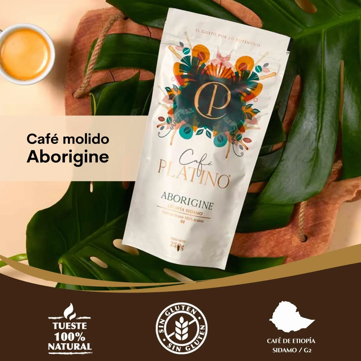Café Platino Aborigine - Café Molido de Etiopía Sidamo Tostado 250g - 100% Arábica G2