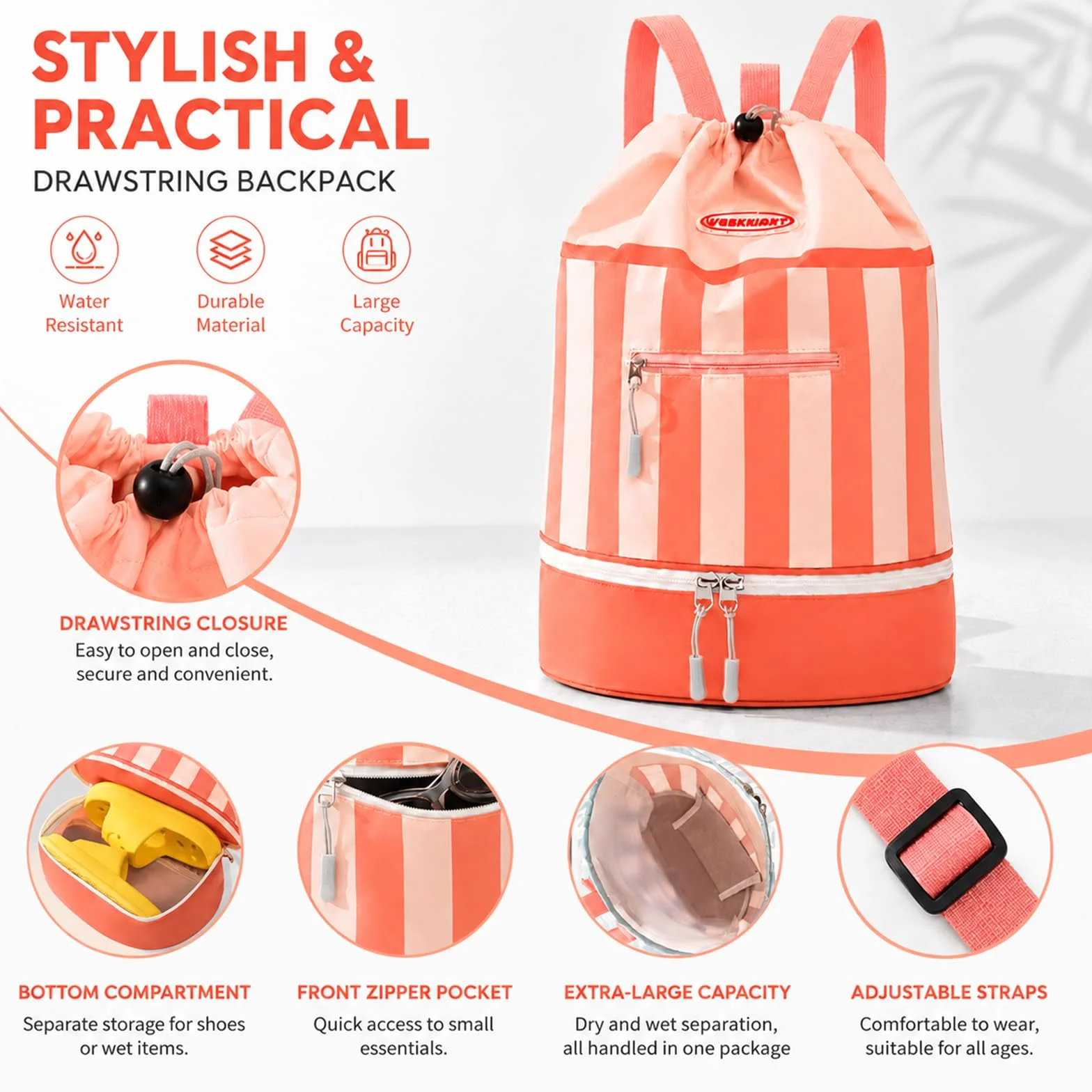 Mochila de Natación para Niños Impermeable con Compartimento para Zapatos, Bolsa de Natación para Pool, Strand y Reisen (Polvo de naranja)