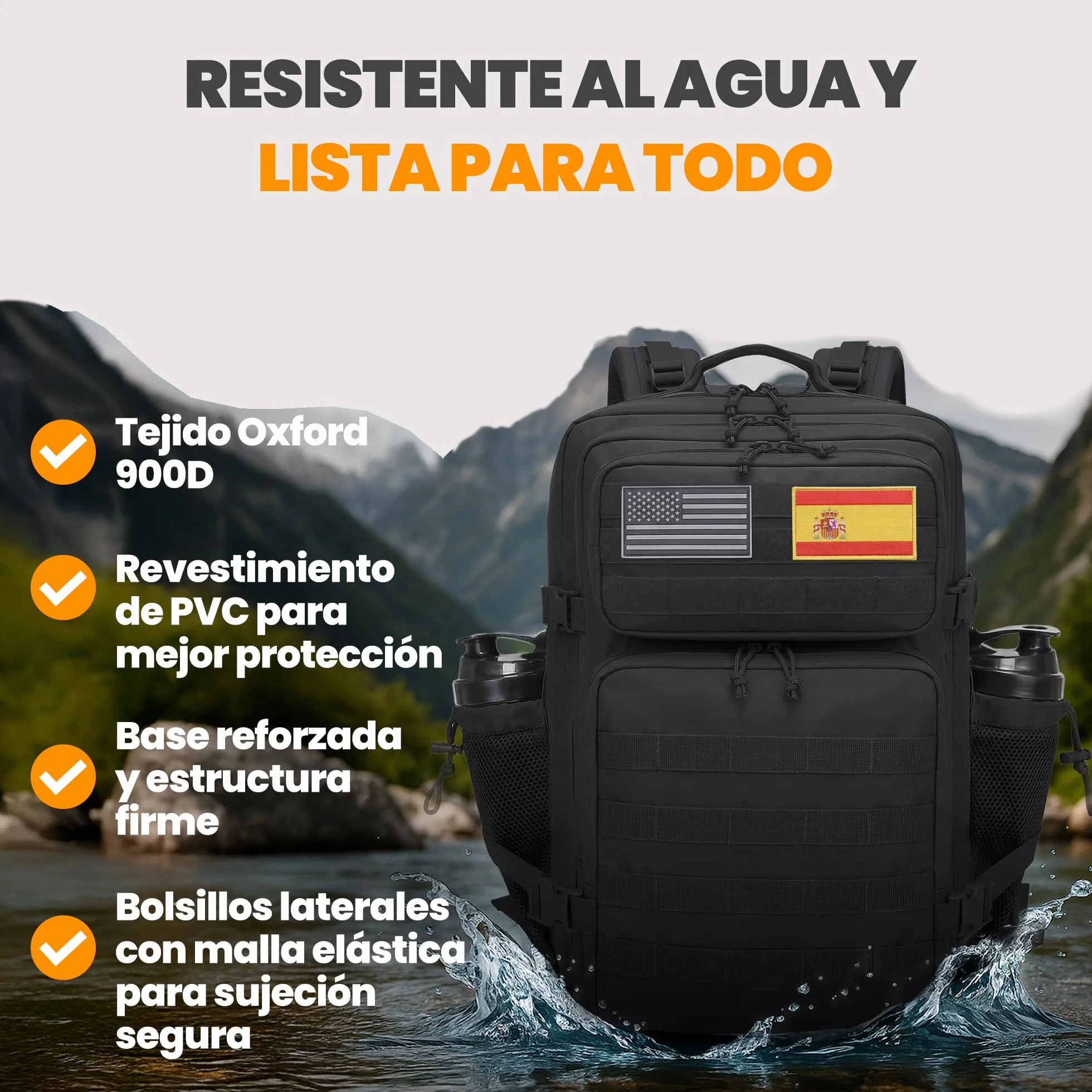 Mochila Táctica Militar 45L Sistema Molle Oxford 900D Negro para Caza Senderismo Viaje Crossfit