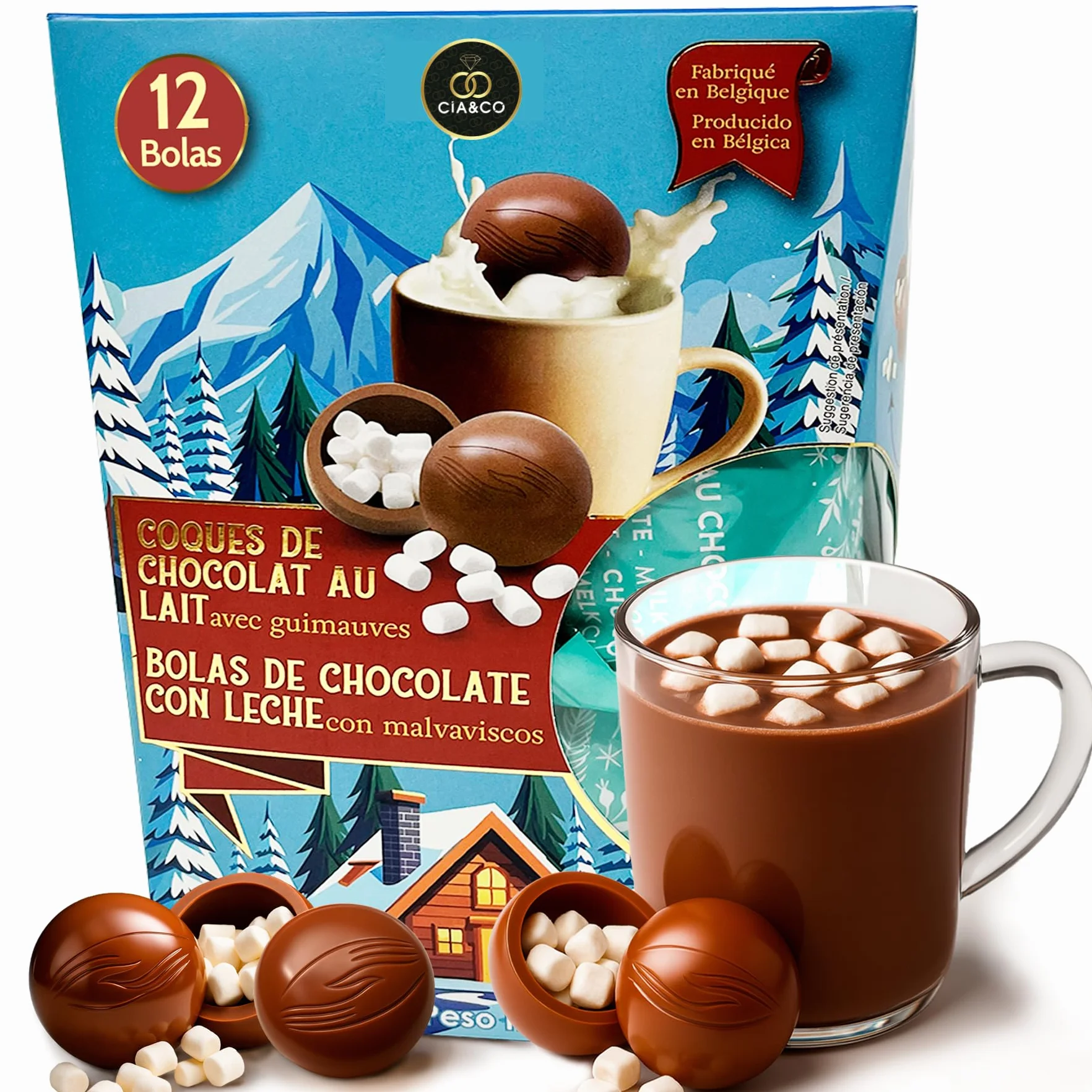 Bolas de Chocolate Caliente Belga con Nubes Pack XXL 12 Bombas Premium Malvaviscos Chocolate a la taza Regalo Navideño