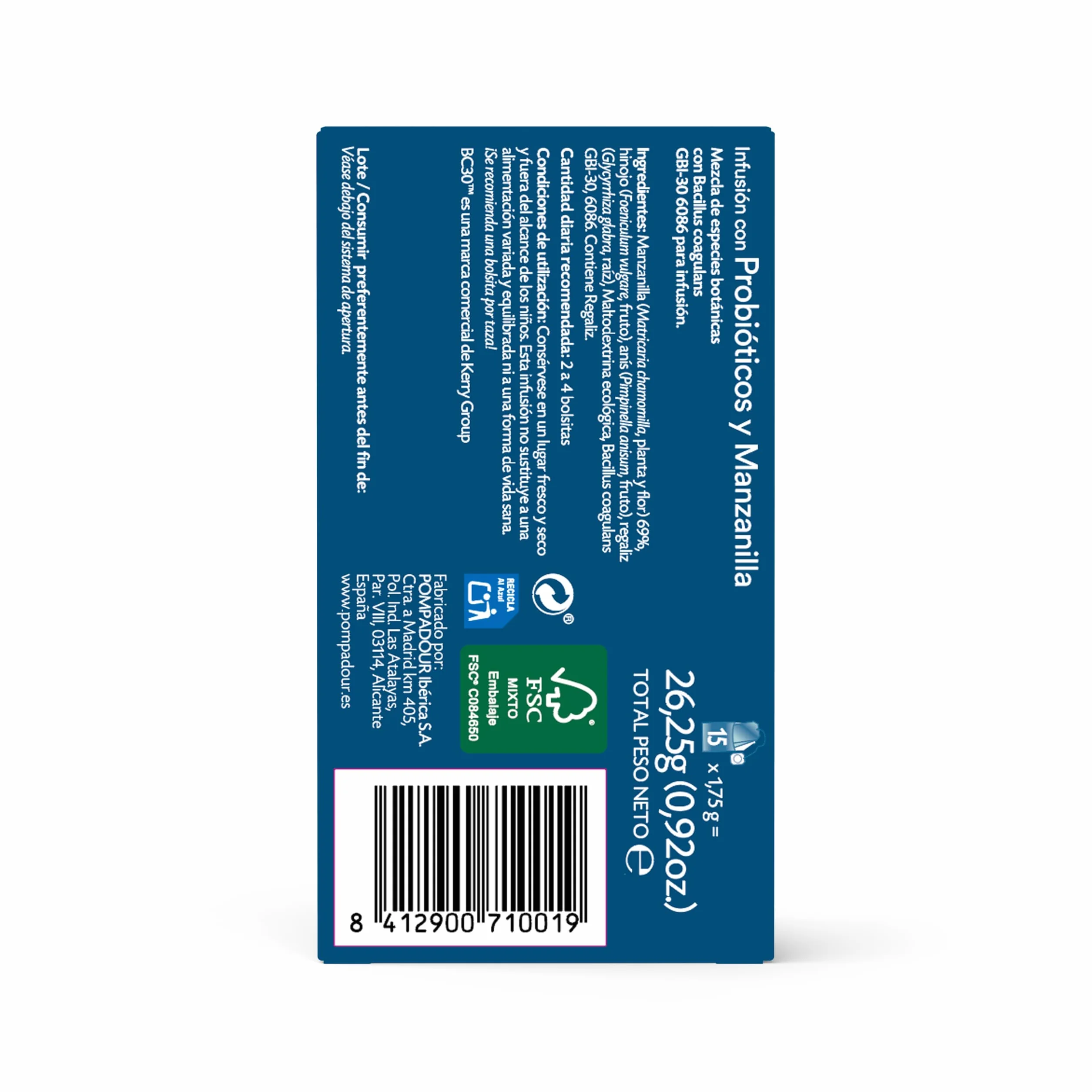 Pompadour | Probiótico y Manzanilla | Ayuda a la Flora Intestinal | Con Probiótico BC30 | Sin Teína | 15 Bolsitas de 1,75 Gr