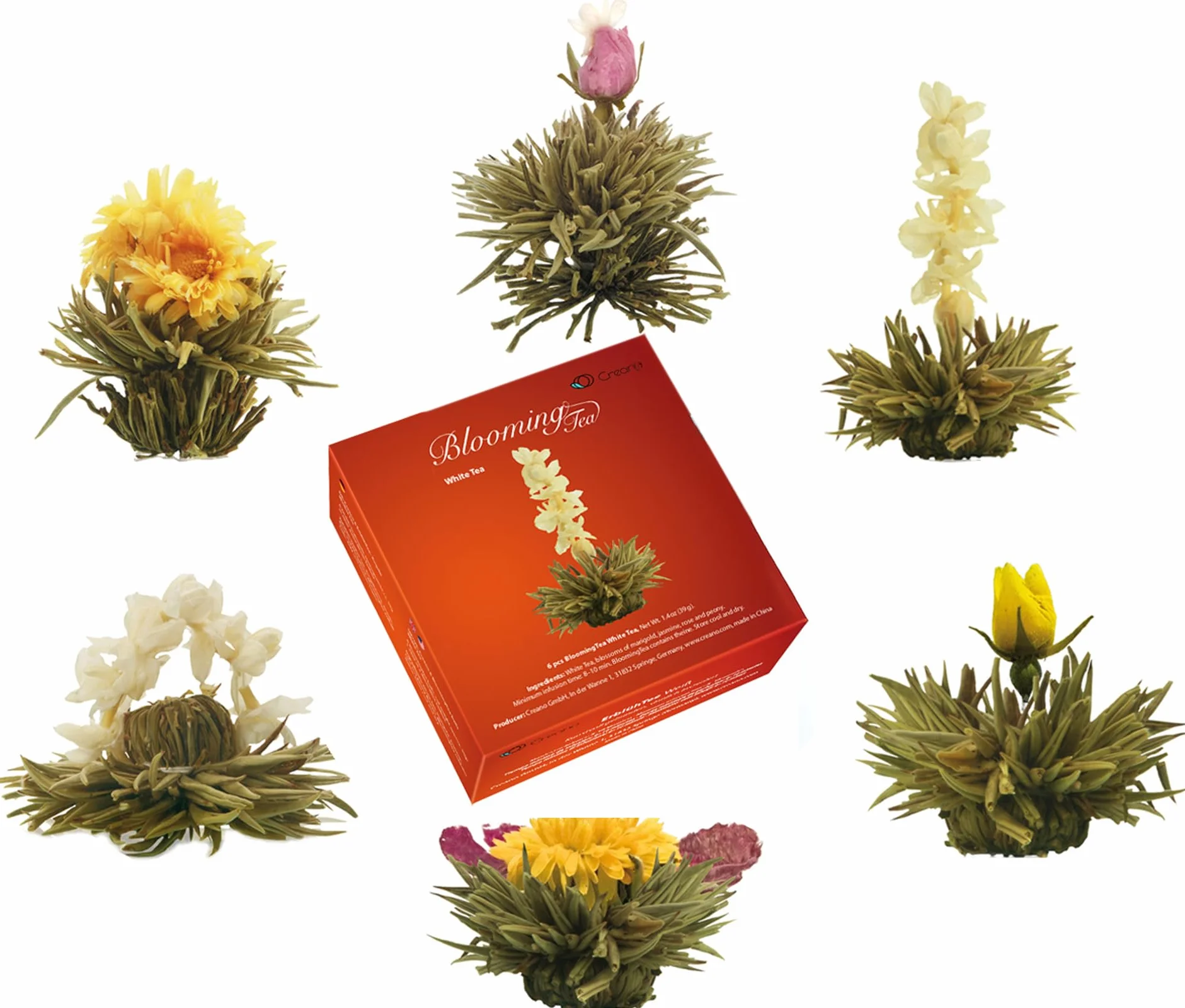 Creano Set de Flores de Té Blanco 6 uds y Tetera de Vidrio 500ml Antigoteo – Experiencia de Bienestar y Relax – Té Blanco Suave de Calidad Artesanal