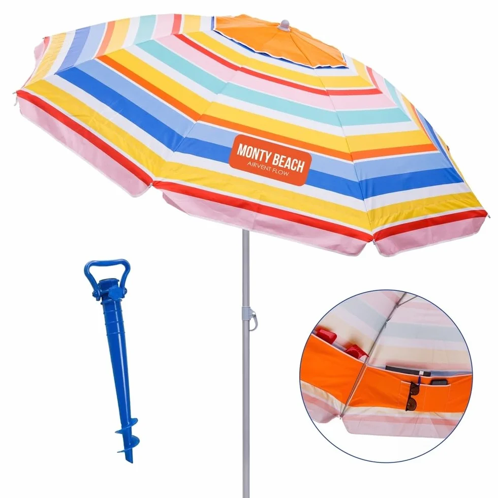 MONTY Sombrilla playa UPF+50 antiviento fibra vidrio mástil inclinable regulable altura