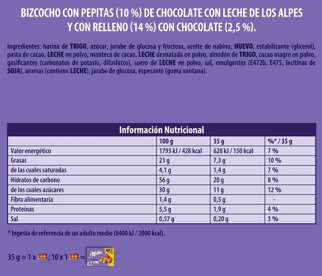 Milka Cake & Choc Bizcocho con Pepitas de Chocolate con Leche de los Alpes y Relleno de Chocolate, Formato Familiar 350g