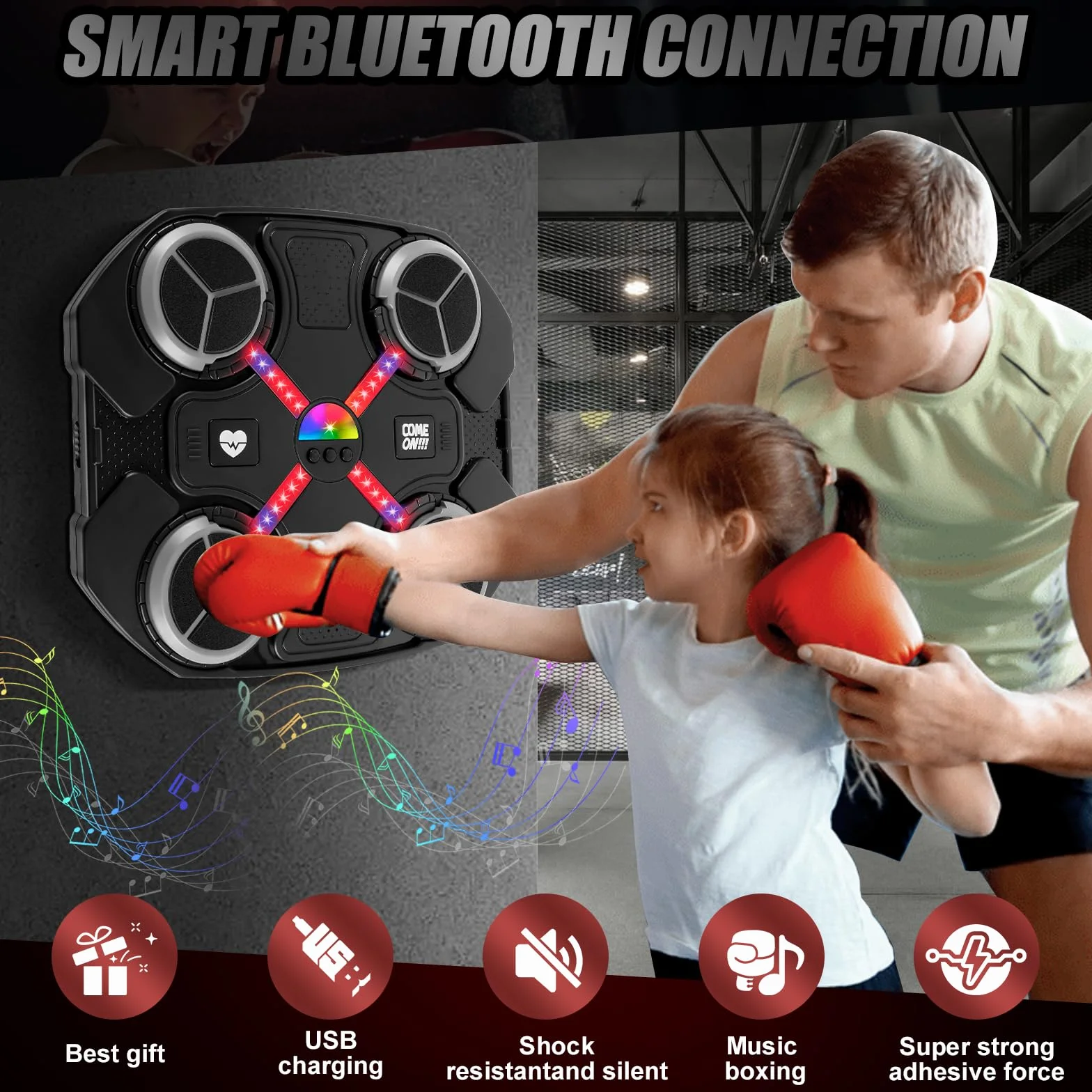 Máquina de Boxeo Musical Infantil Inteligente Bluetooth 3 Niveles Velocidad Guantes Luces Frías Montaje Pared