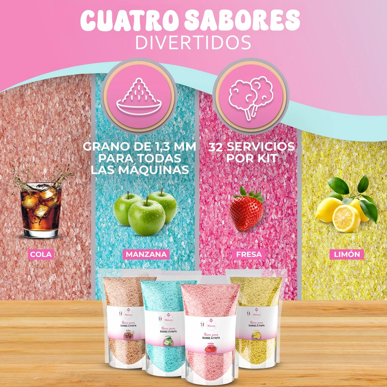 Misskandy® algodón de azúcar para máquina- Pack de 4 * 160Gr - (Sabores Naturales): Sabores: Fresa/Manzana/Cola/Limón + 50 palitos (gratis)