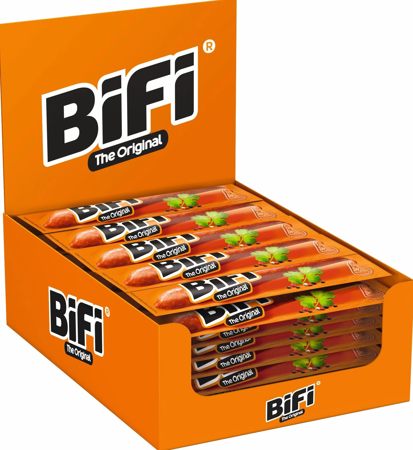 BiFi Original Tiras de salami, paquete de 64, 64 x 18,5 g, salchichón desecado para comer sobre la marcha, al aire libre, pimienta, cilantro y ajo, caja óptima para aperitivos