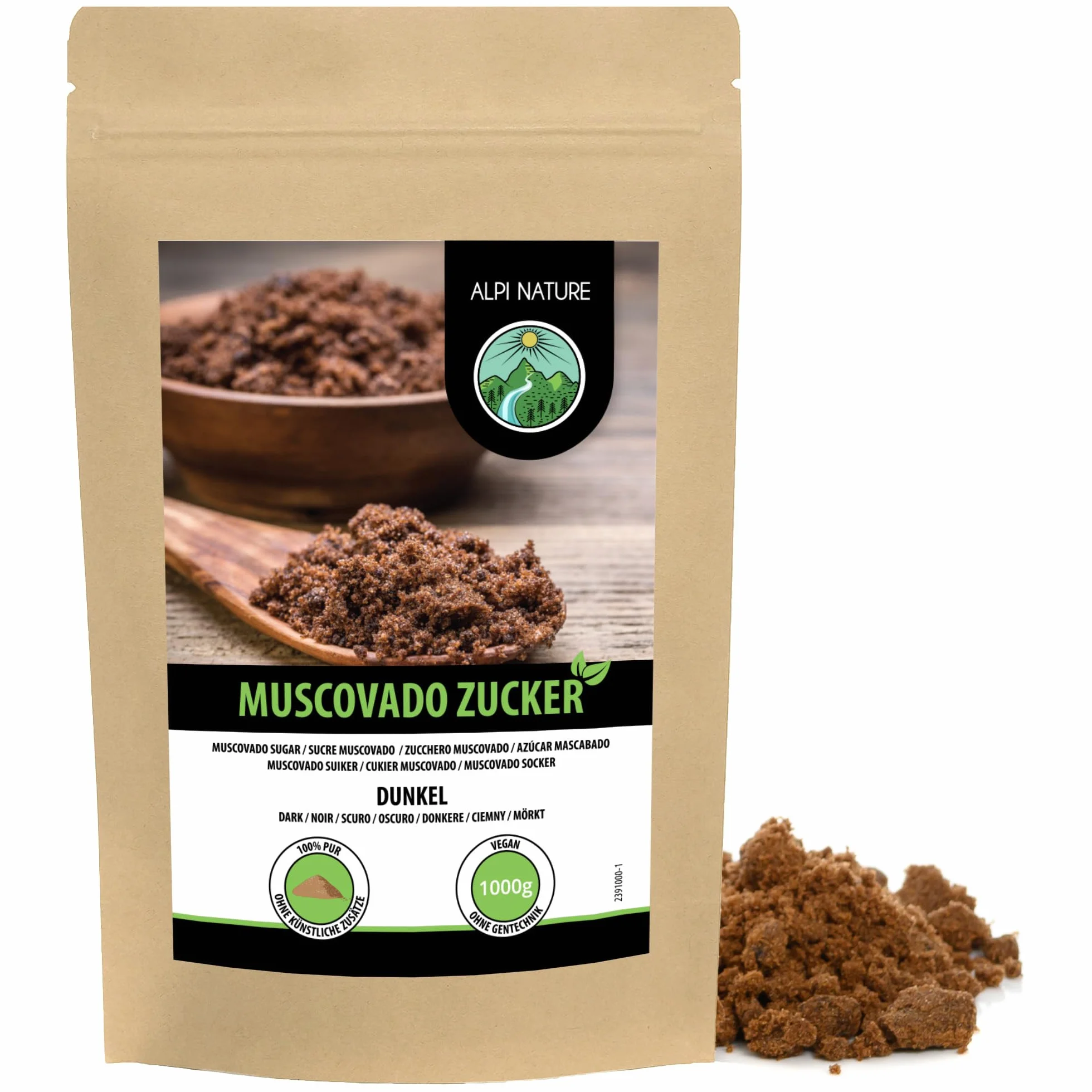 Alpi Nature Azúcar Mascabado Oscuro 1kg, Azúcar de Caña Cruda sin Refinar, Edulcorante Natural