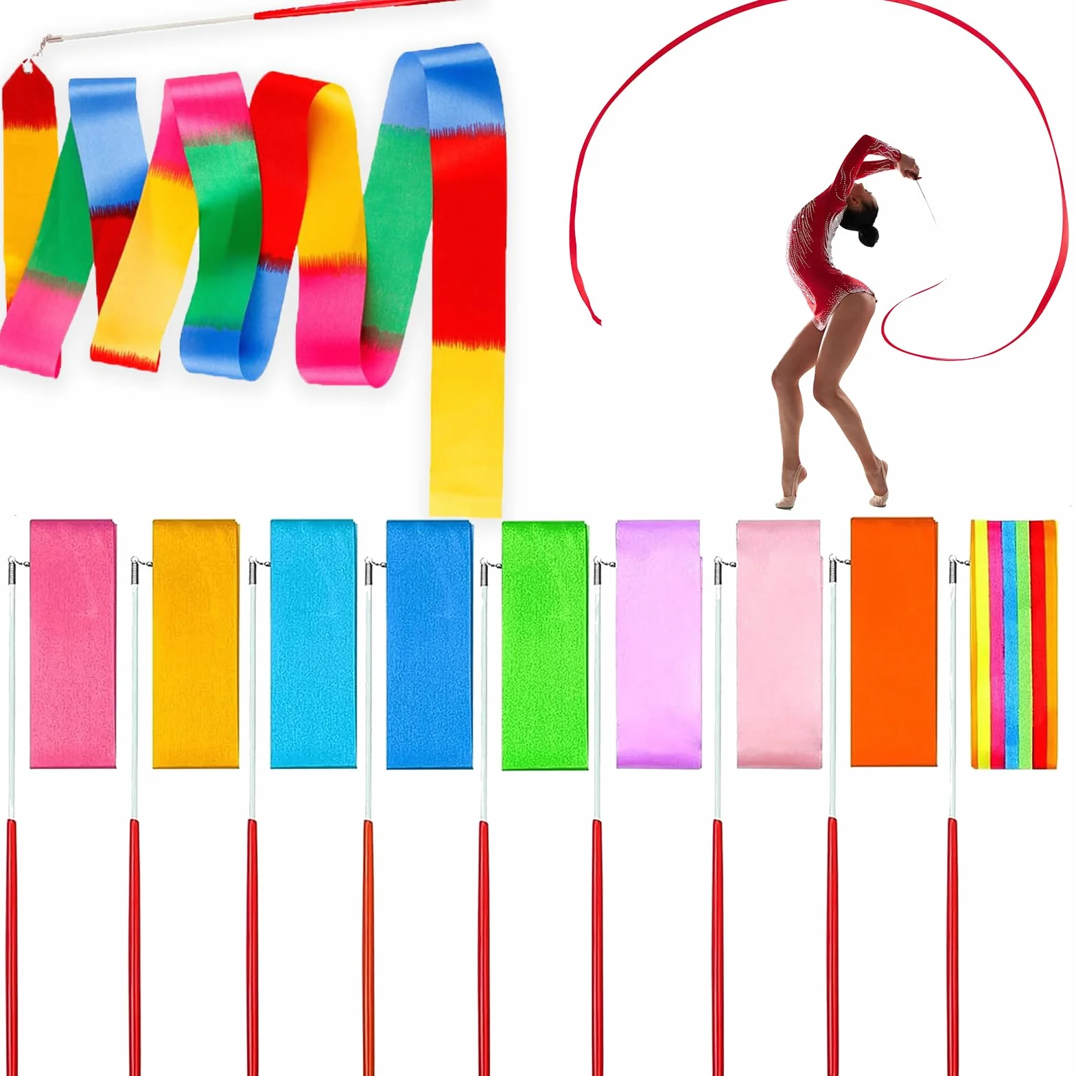 Cintas de Baile rítmico 2M, 10 Piezas para Gimnasia y Entrenamiento Infantil