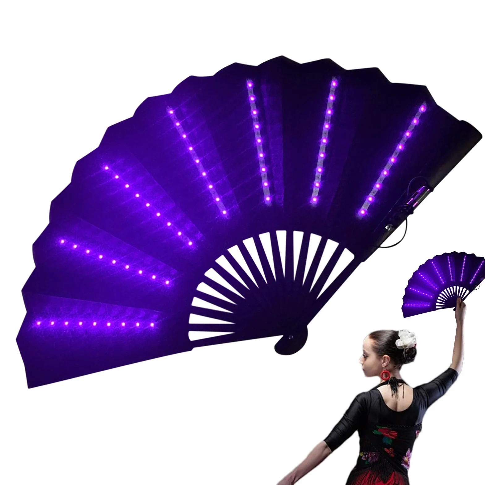 Ventilador de mano plegable LED portátil con luz, ventilador a pilas para festivales (morado)