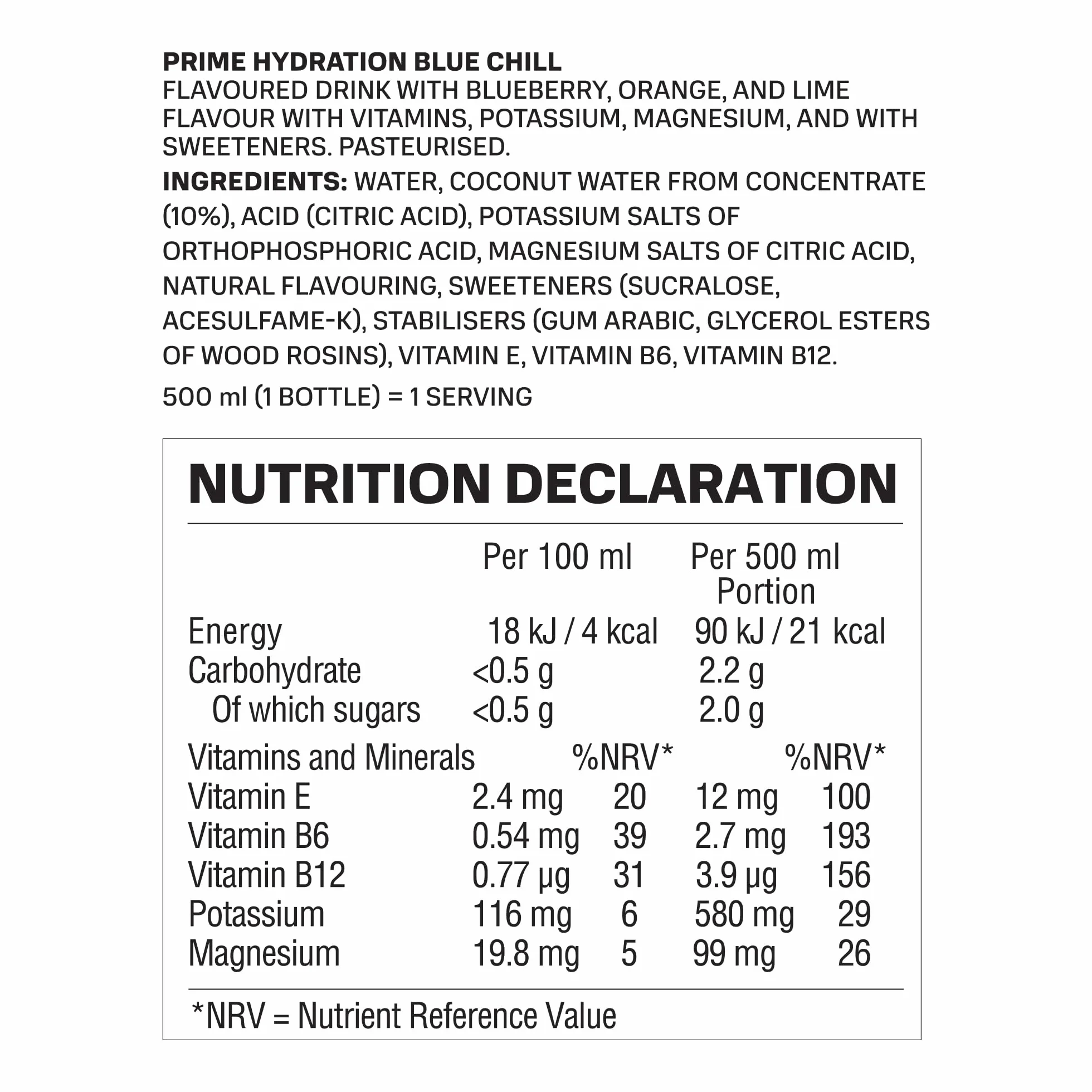 PRIME Hydration Ice Blue Bebidas Deportivas con Electrolitos, 250 mg BCAA, Vitamina B, Antioxidantes, Bajo en Azúcar, 16.9 fl oz, Paquete de 12
