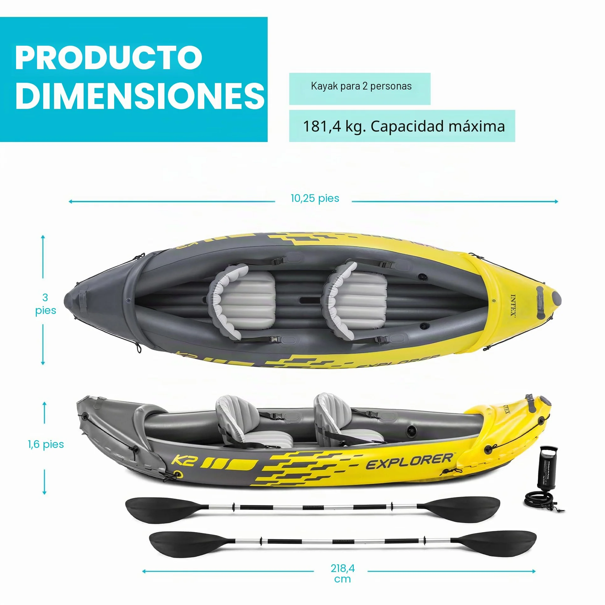 Intex Explorer K2 Kayak 2-Osobowy Nadmuchiwany Kajak z Aluminiowymi Wiosłami i Wysokowydajną Pompą