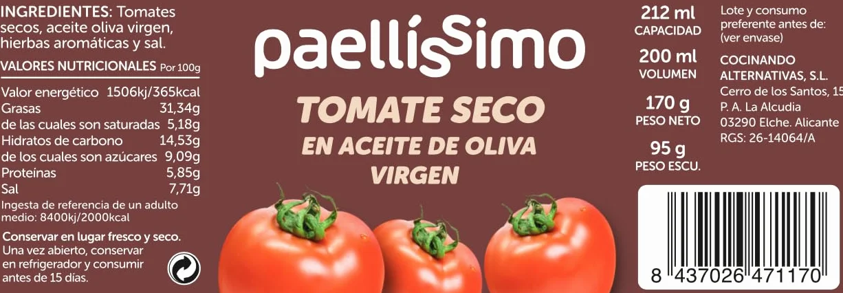 Paellissimo – Tomate Seco en Aceite de Oliva Virgen - 2 Tarros de 170gr.