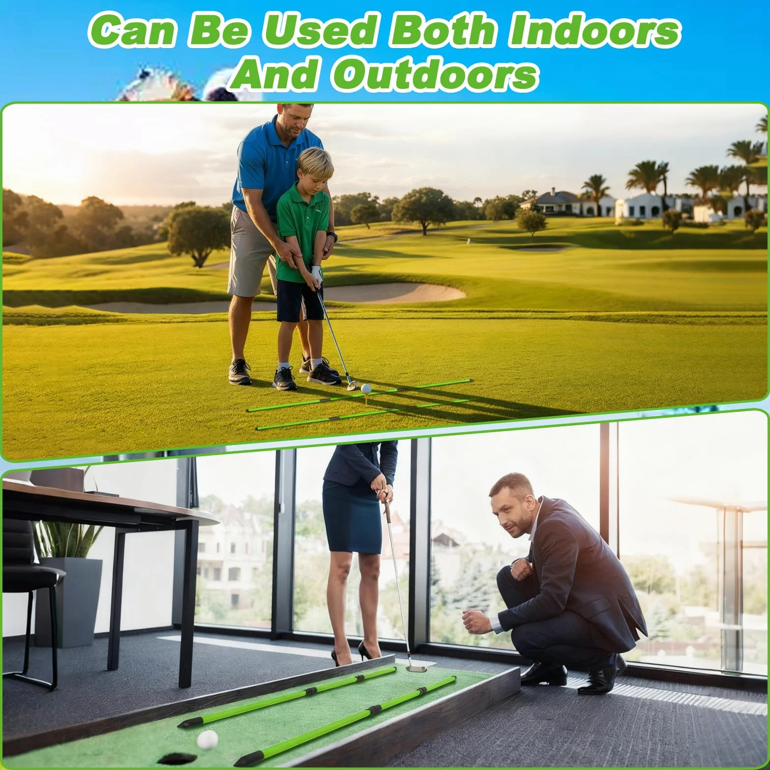 Palos de Alineación Golf Plegables 123cm, Varillas Entrenador Swing Fibra Vidrio 3 Secciones para Principiantes