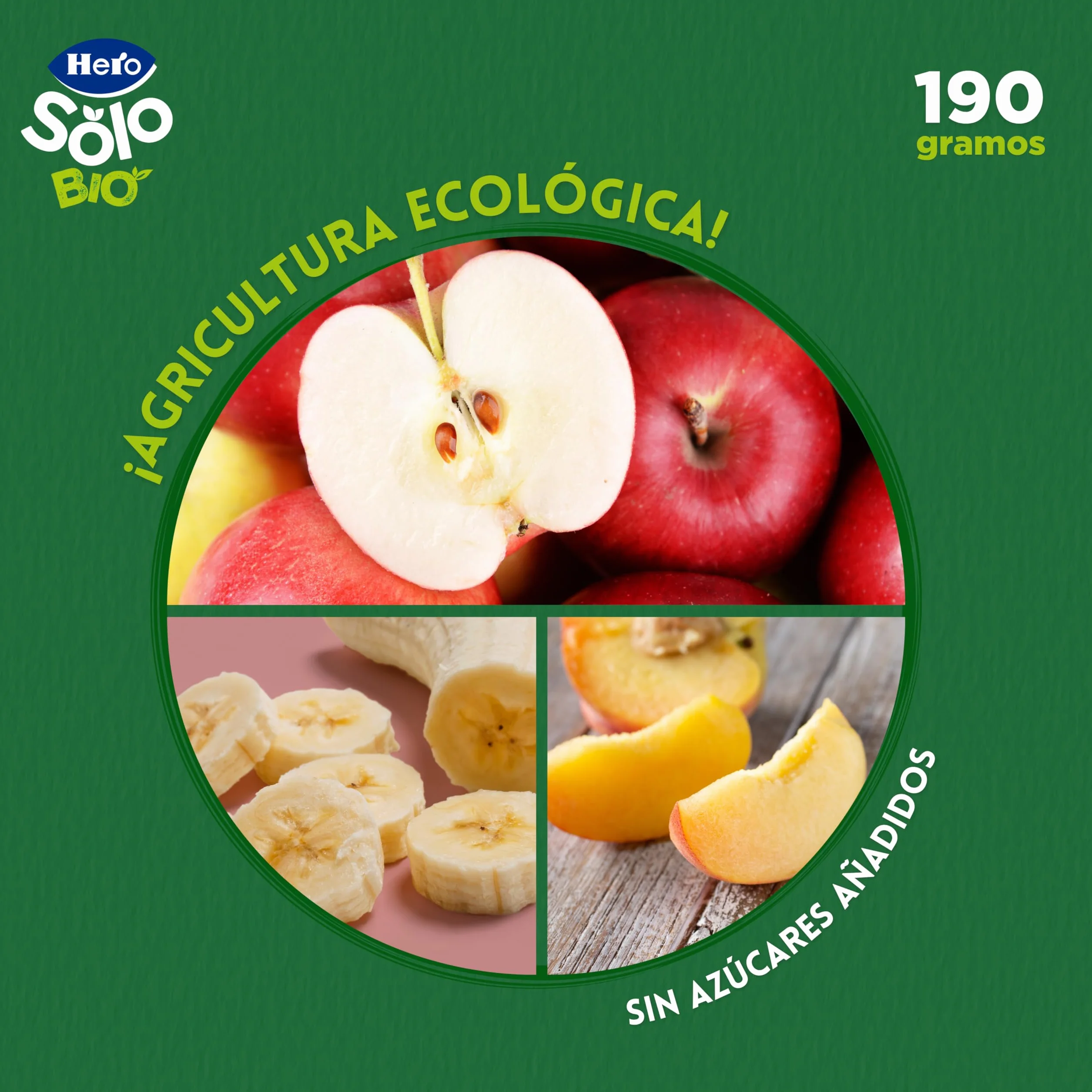 Hero Solo Bio Tarritos de Manzana, Melocotón y Plátano 100% Ecológico, con Ingredientes Naturales para bebés desde los 4 meses - Pack de 12 x 190 g