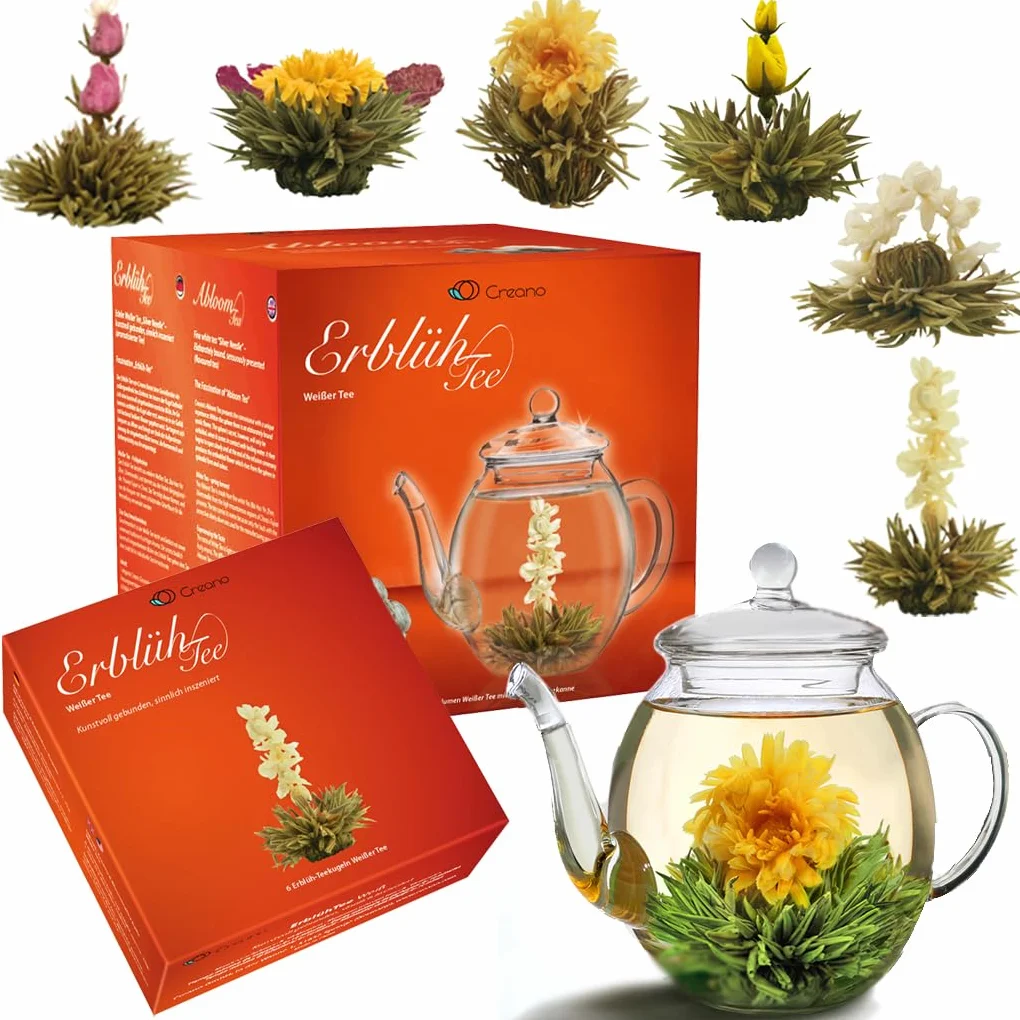 Creano Set de Flores de Té Blanco 6 uds y Tetera de Vidrio 500ml Antigoteo – Experiencia de Bienestar y Relax – Té Blanco Suave de Calidad Artesanal