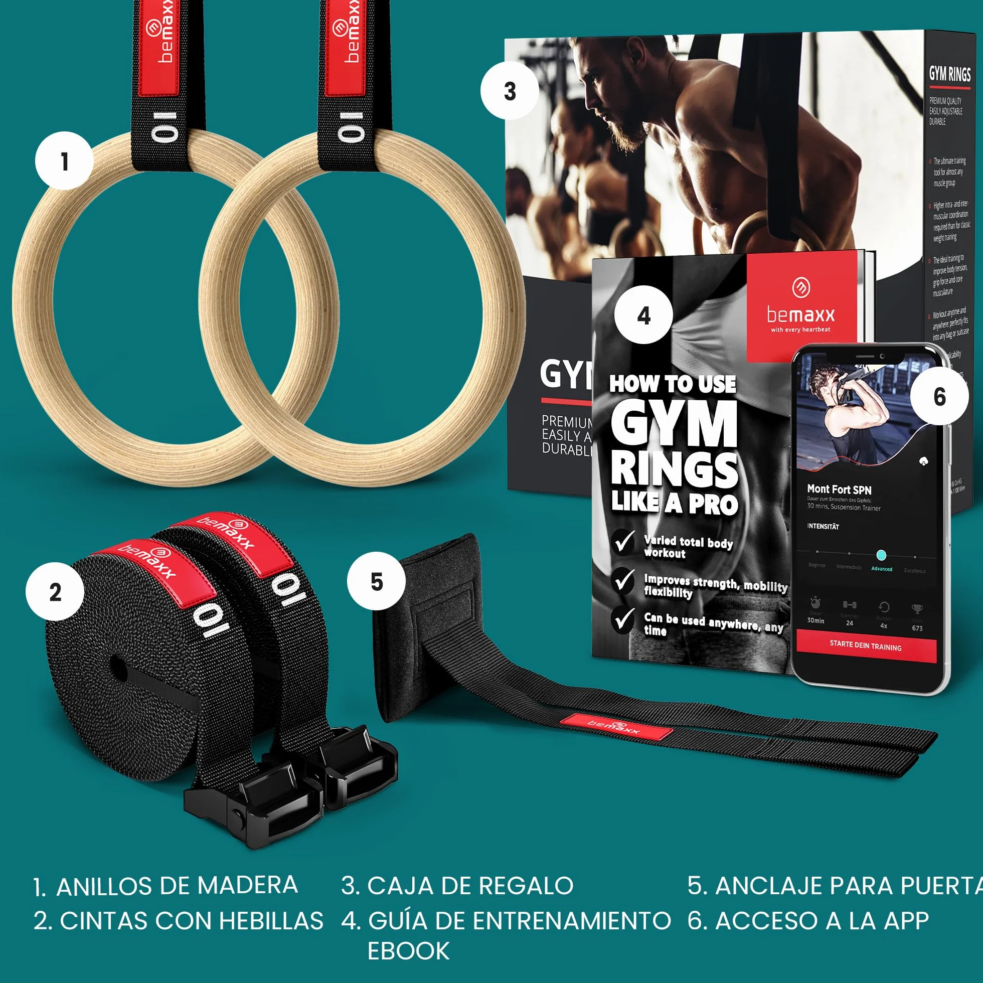 BeMaxx Anillas de Gimnasia de Madera Workout Set con Anclaje para Puerta