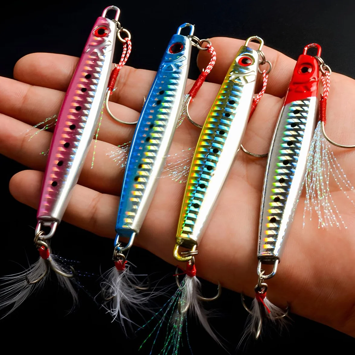 Señuelos de Pesca de Mar Hundimiento Profundo WASAGA 4 Piezas 60-180g Cebo Giratorio Metal Duro para Atún Salmón Mero Jigging