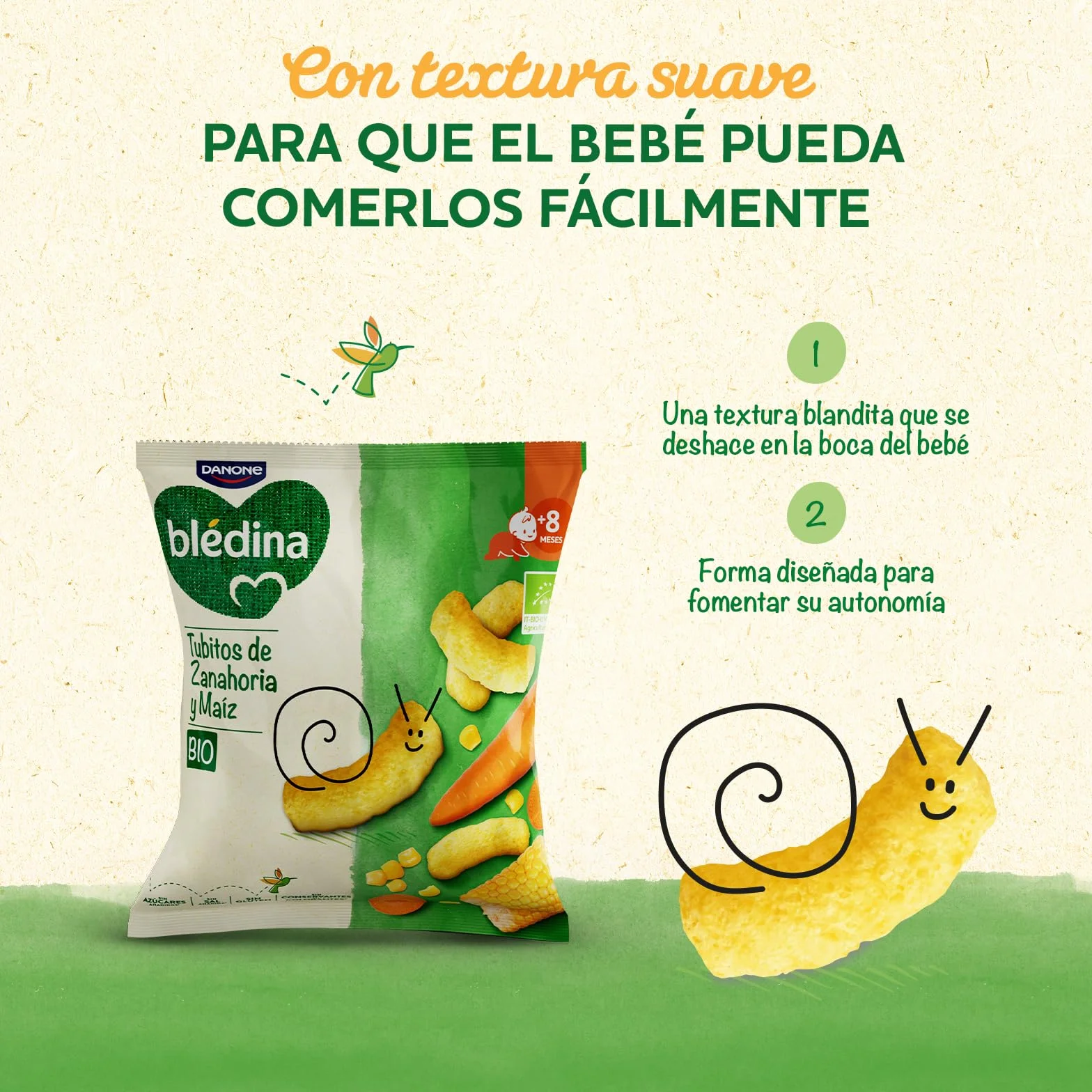 Blédina Snack BIO, Bolsa de Snack Saludable para niños sabor Zanahoria y Maíz. Tubitos Sin Gluten, Sin Conservantes Ni Colorantes y Sin Sal Ni Azúcares Añadidos. Desde los 8 Meses, 20g