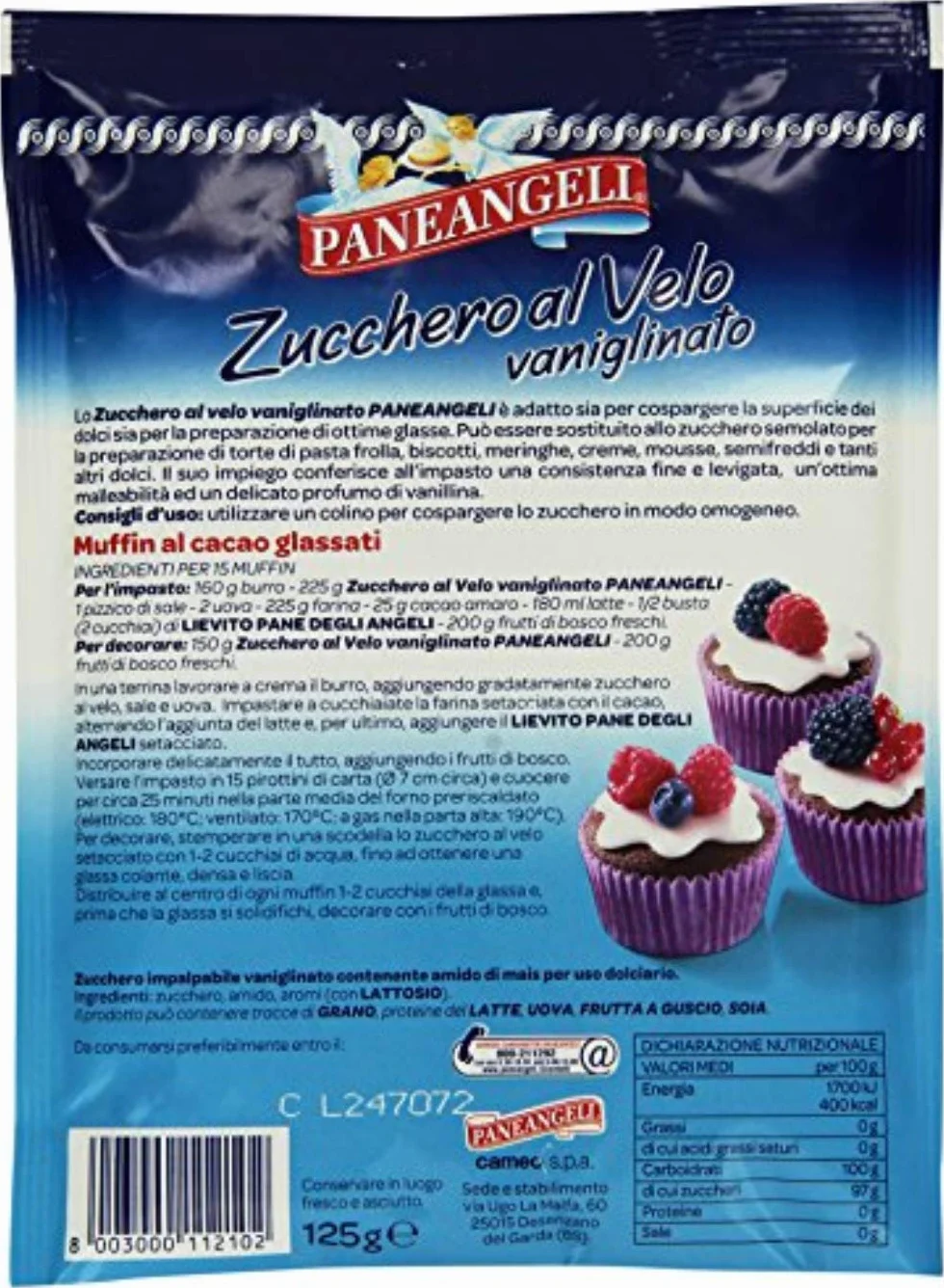Paneangeli Zucchero Al Velo Azúcar glaseado con sabor a vainilla 4.5 oz 125 gr, paquete de 3