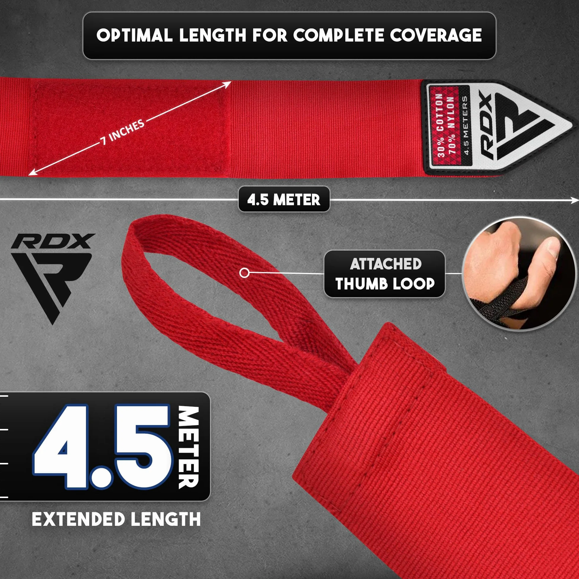 RDX Boxeo Guantes Interiores 4,5 Metros 180 Pulgadas Elástico Correa de Muñeca Vendaje Envolturas Entrenamiento Artes Marciales