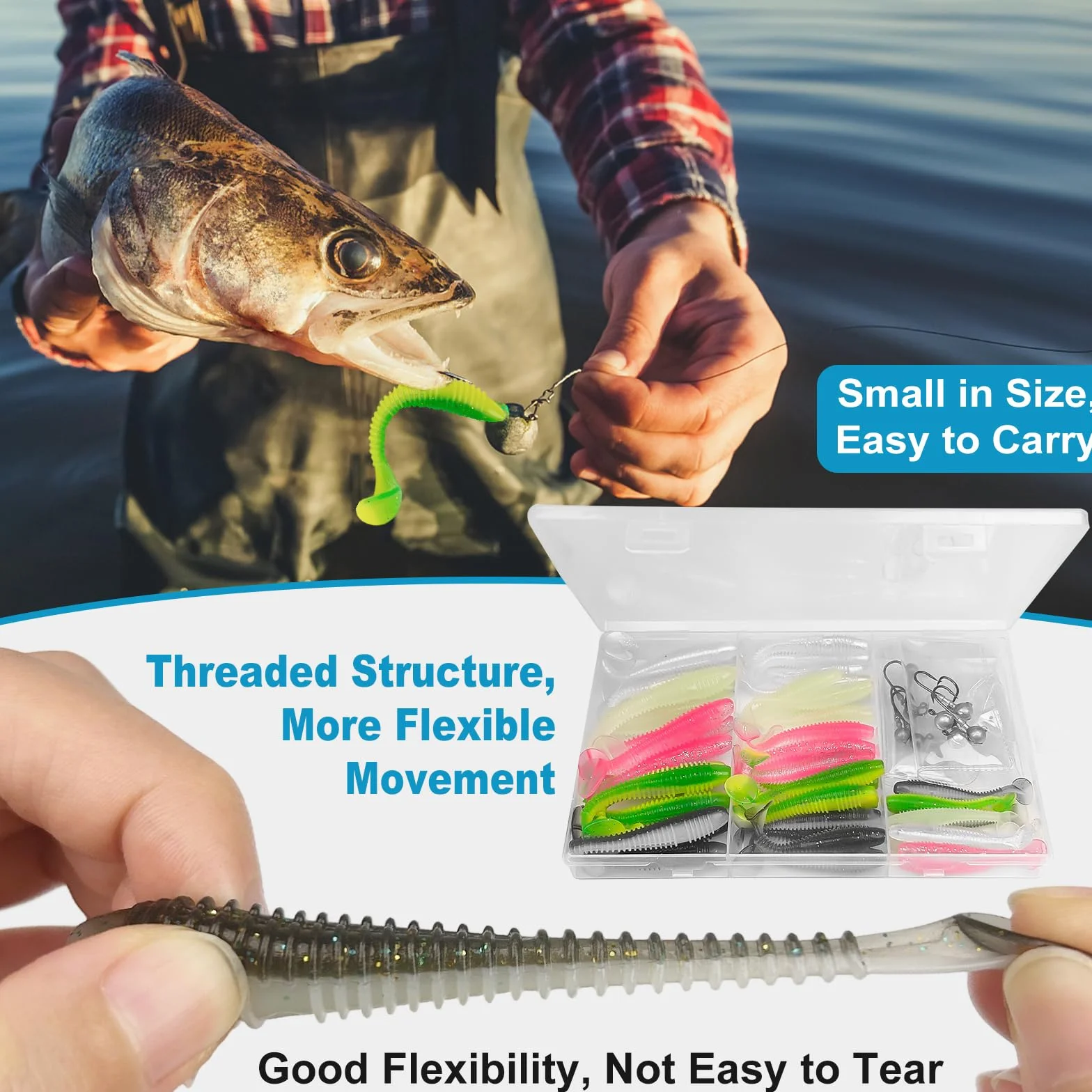 Señuelos de pesca blandos 45 piezas con cabezas triangulares 10 piezas 5,5 cm 6,5 cm 7,5 cm cebo flotante goma con cabeza caja plástico 5 colores