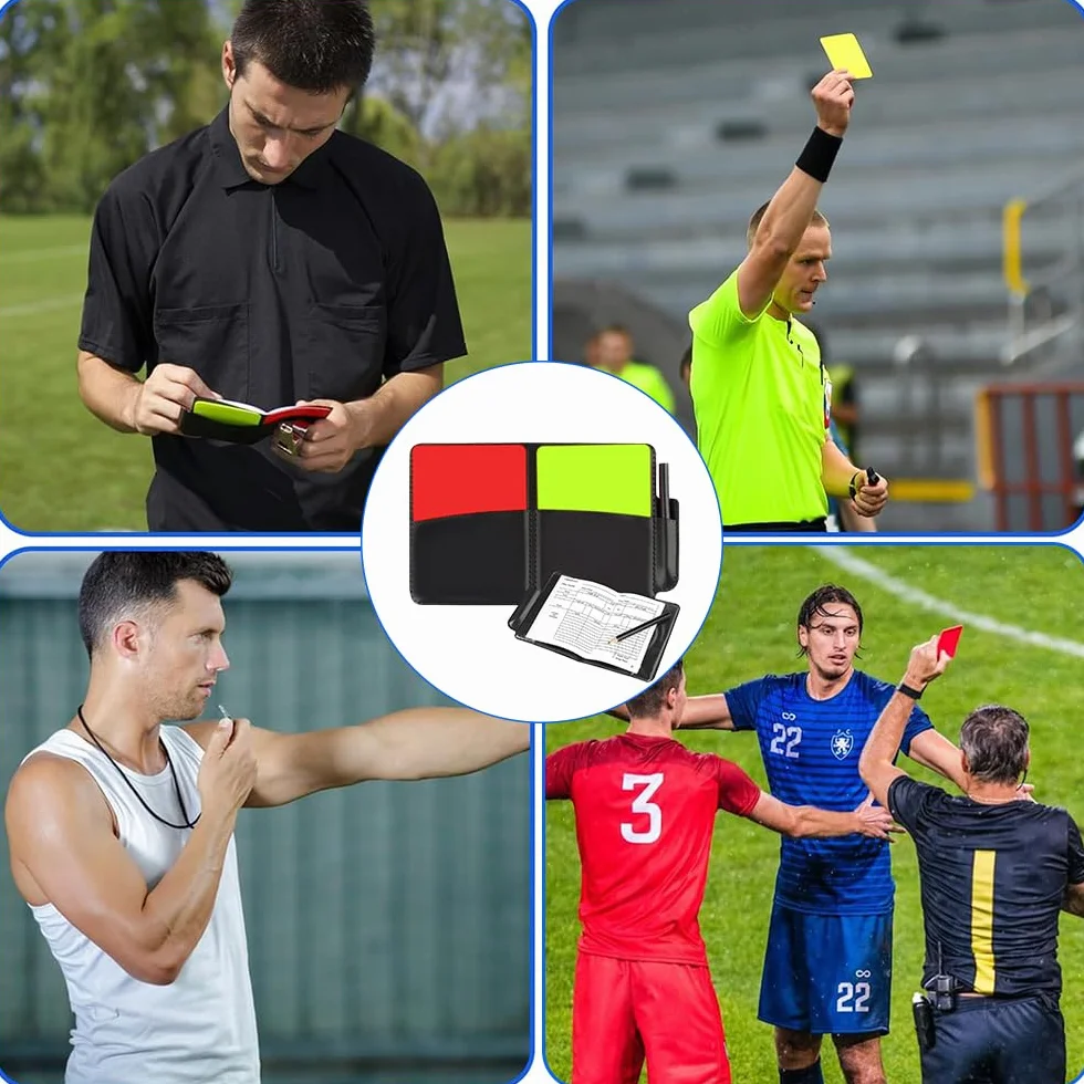 Juego de cartas de árbitro deportivo con tarjeta roja amarilla y bolsa para fútbol