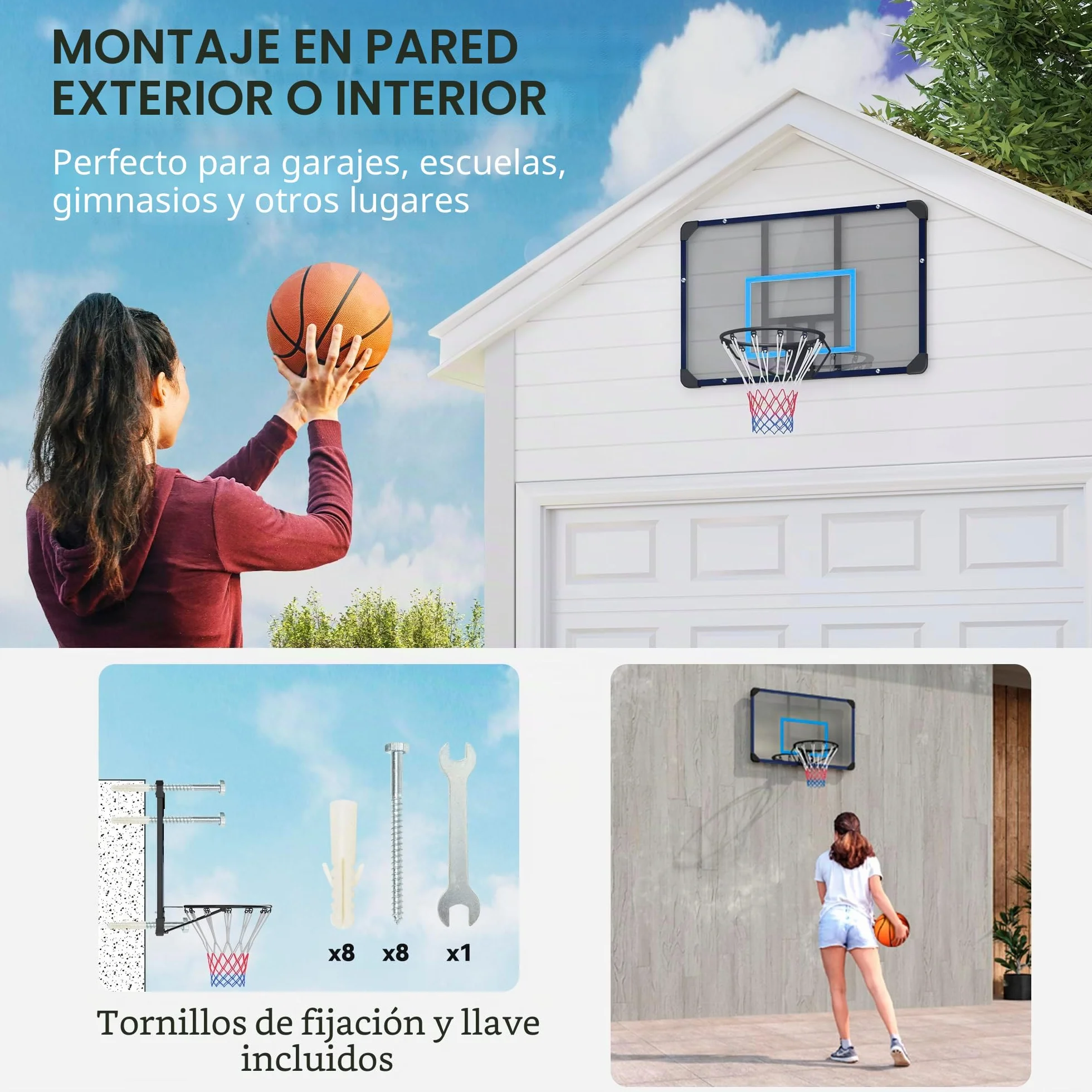 SPORTNOW Canasta de Baloncesto con Tablero 45 cm Acero Exteriores Montaje Pared