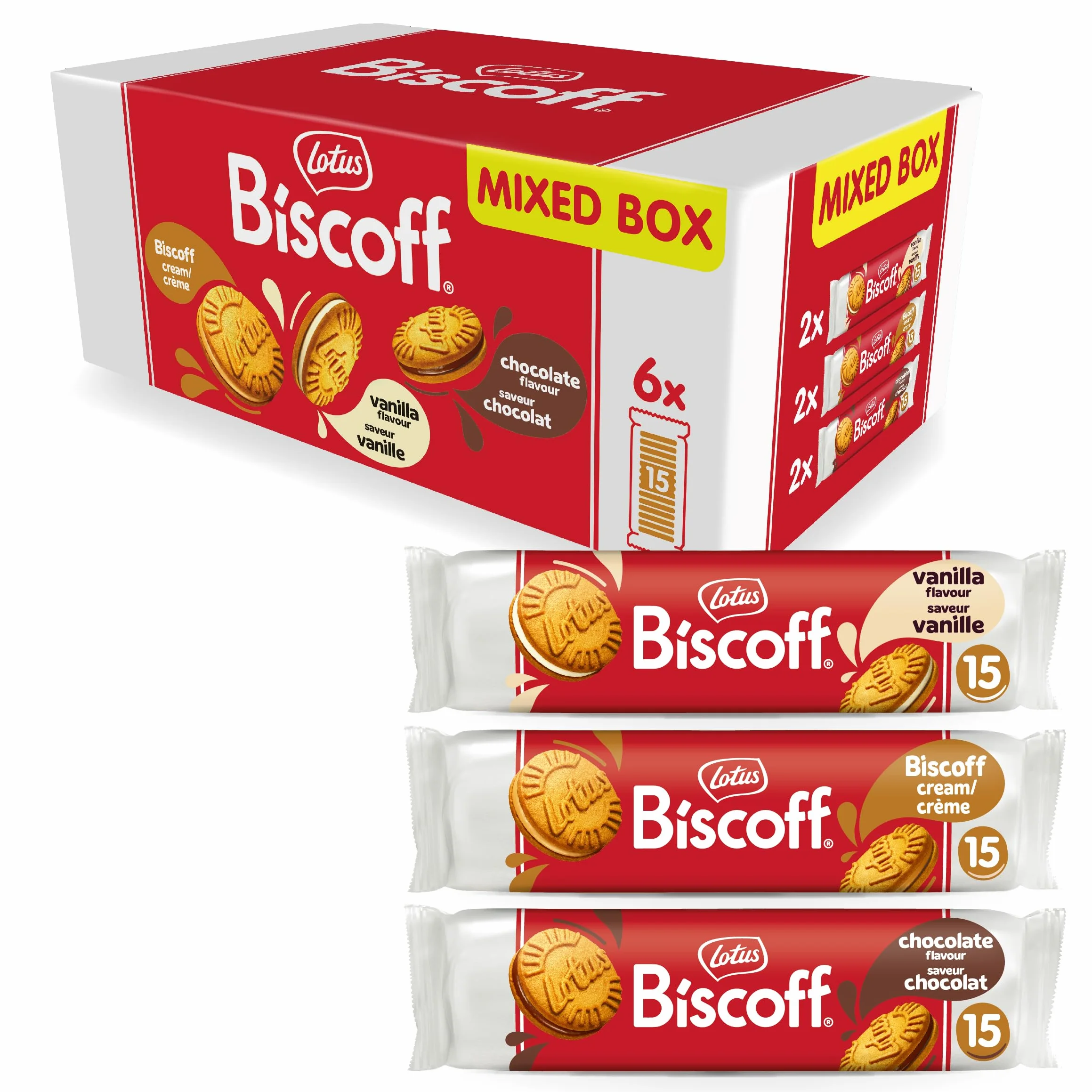 Lotus Biscoff | Paquete Variado de Galletas Sándwich | 3 Sabores | 2 Paquetes por Sabor | 15 Galletas Sándwich por Paquete | Ingredientes de Origen Natural | Sin Colorantes | 6 x 150g | 900g