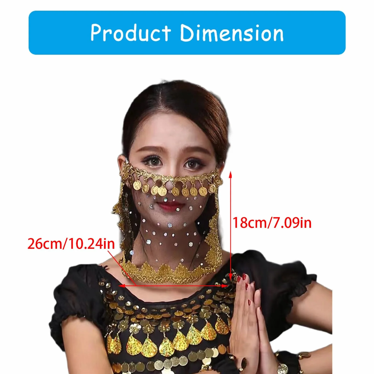 Velo facial de danza del vientre con moneda, media cara, bufanda de fiesta tribal para mujeres