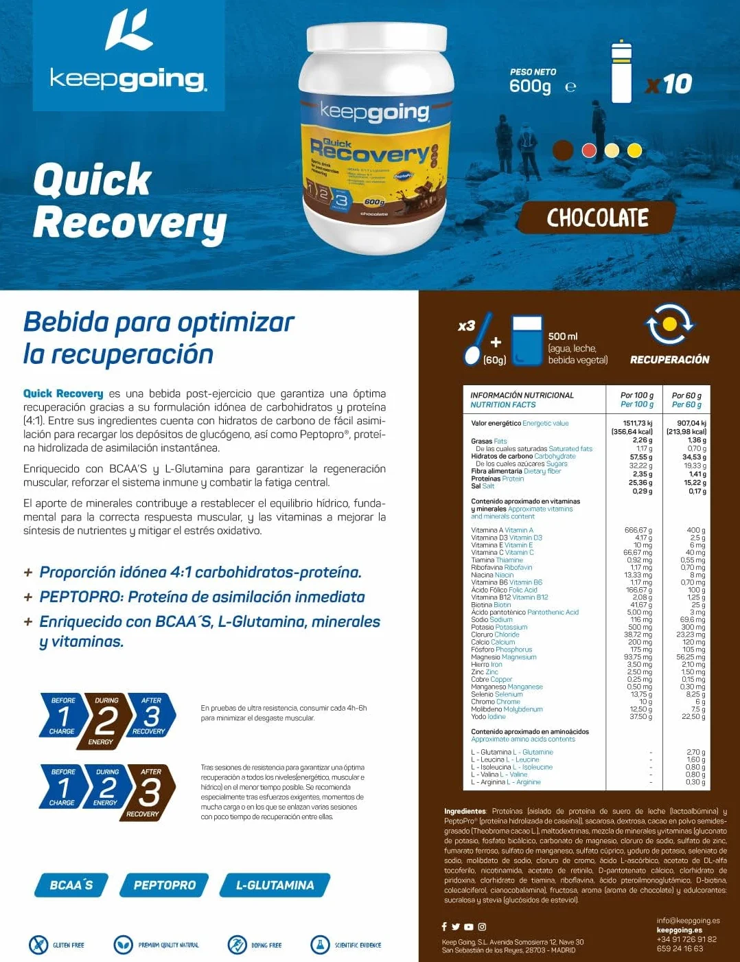 Keepgoing Quick Recovery Bebida Recuperadora en Polvo Sabor Chocolate | Recuperador Muscular para Deportistas | Recovery Drink | Recovery Ciclismo | Recuperador Muscular Running | 600 g