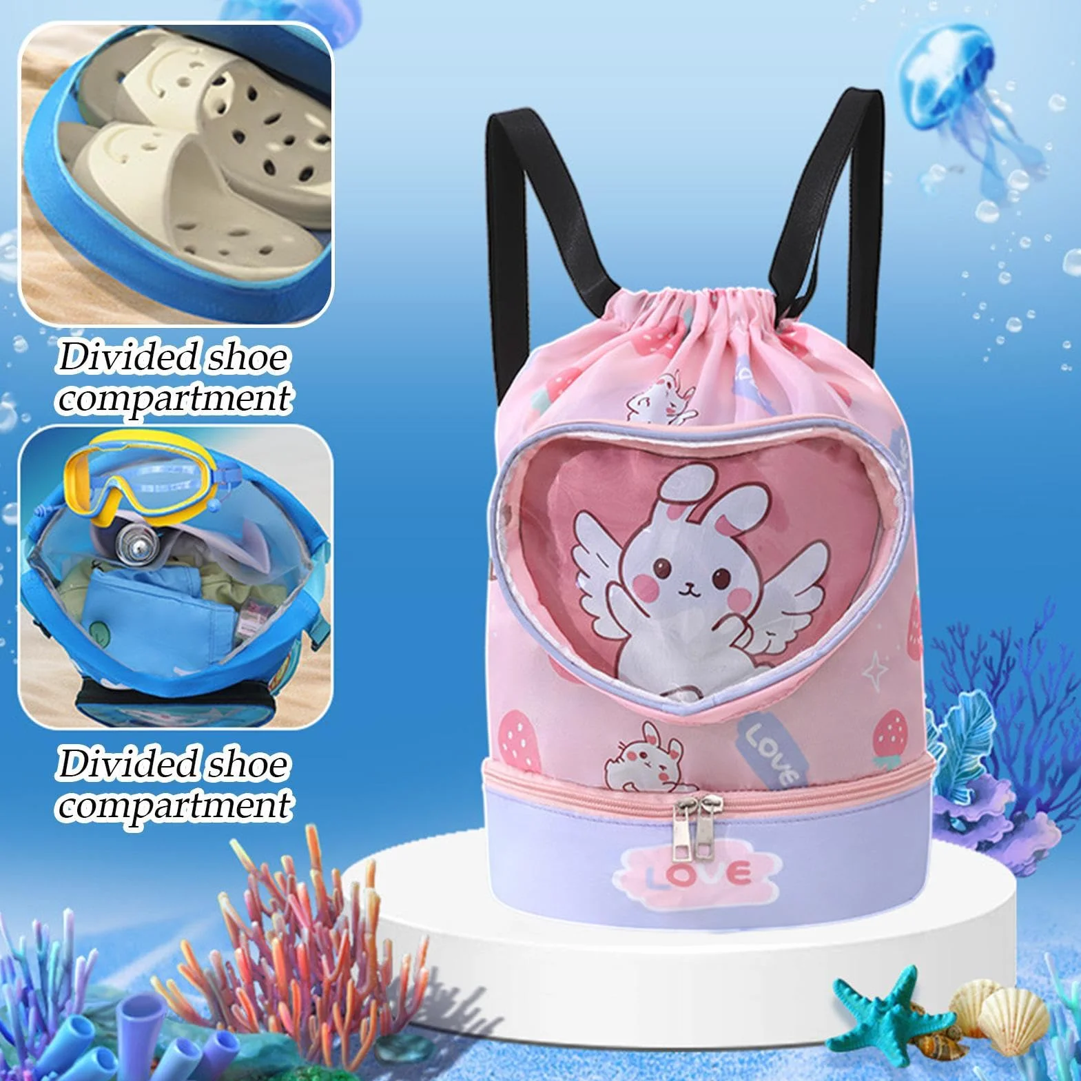 Genérico Kids Pool Bag Waterproof Cartoon Swim Backpack 14.17x11.81 Inches Lightweight Drawstring Dry Wet Separation Quick-Dry Multicolor